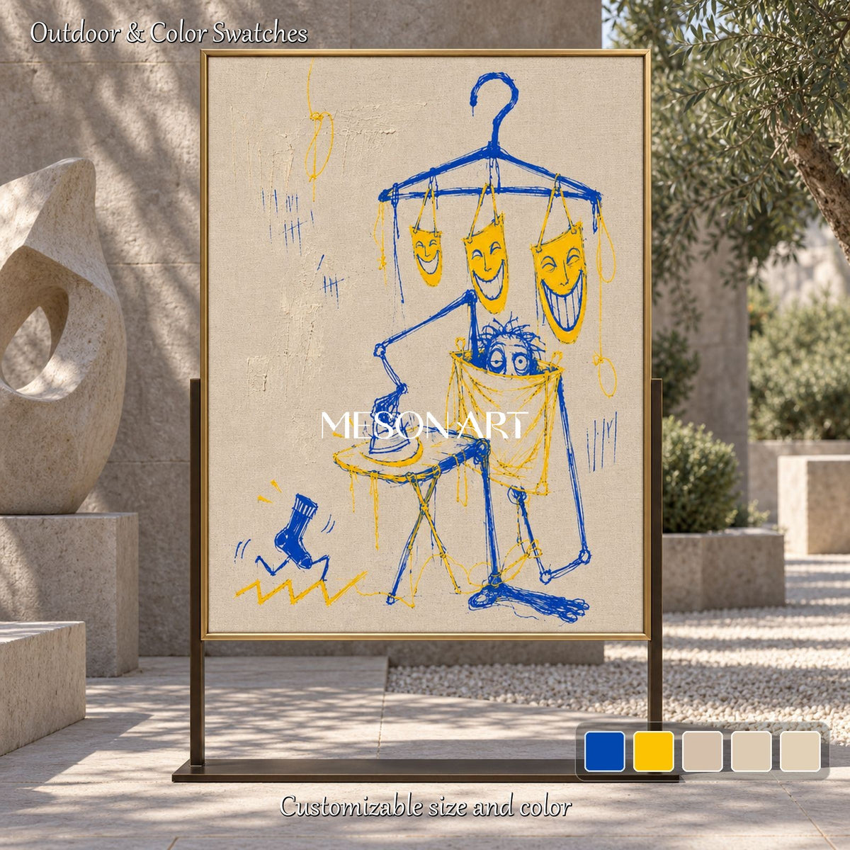 Blue And Yellow Abstract Graffiti Painting Modern Street Wall Art Rectangular Canvas By Mesonart
