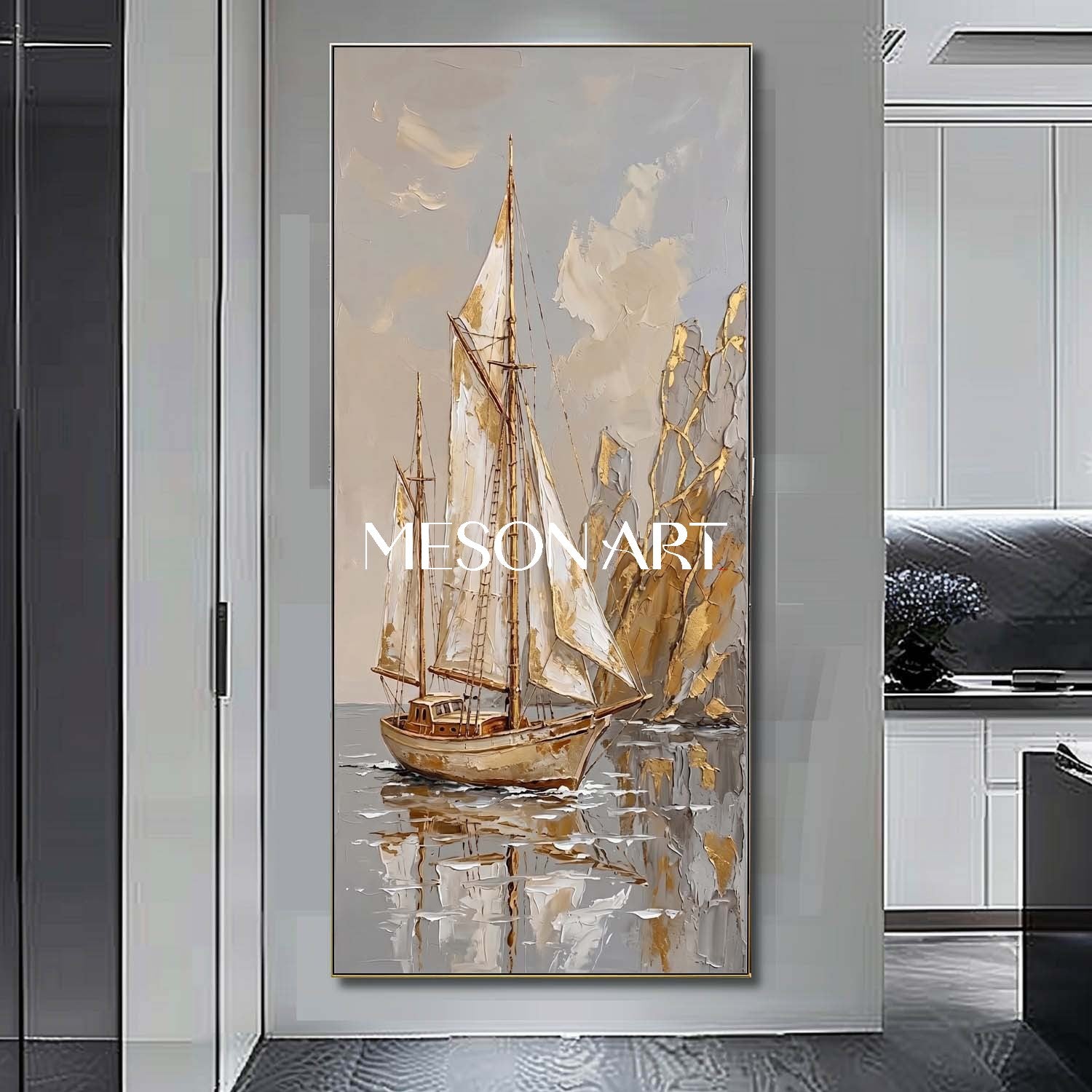 Art Deco Sailboat Painting With Gold Accents For Coastal Living Room Decor