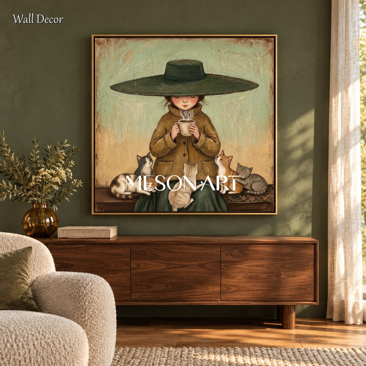 Green And Beige Vintage Painting Square Wall Art For Bedroom Original Artist Hand Painted By Mesonart
