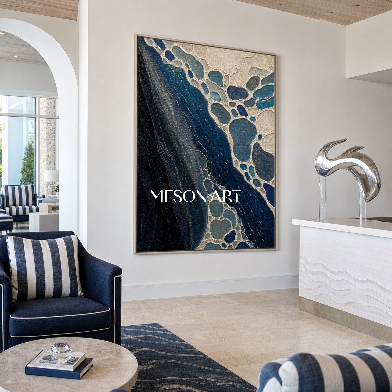 Deep Ocean Abstract Painting With Sculptural Texture For Modern Living Room Decor