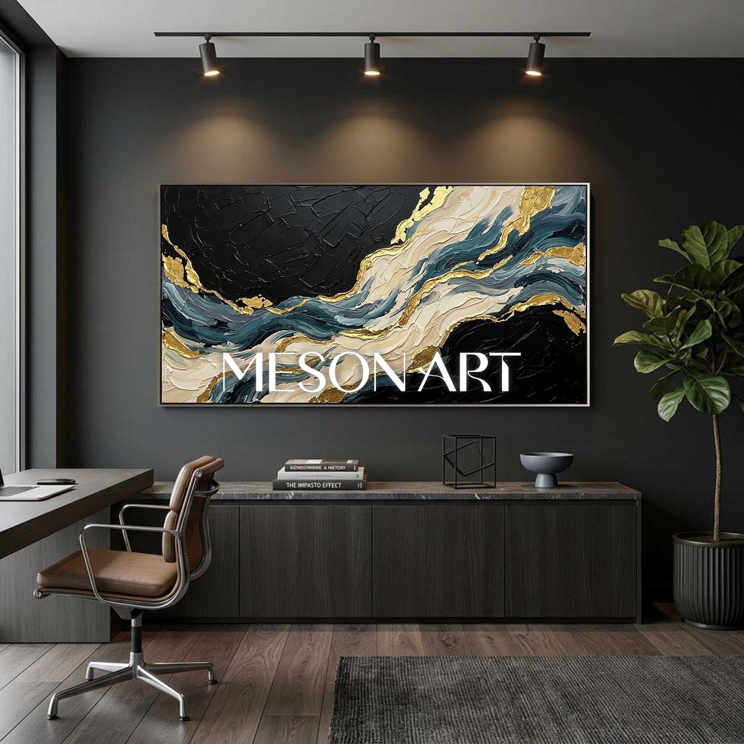 Abstract Plaster Texture Art With Gold Accents For Modern Living Room Decor