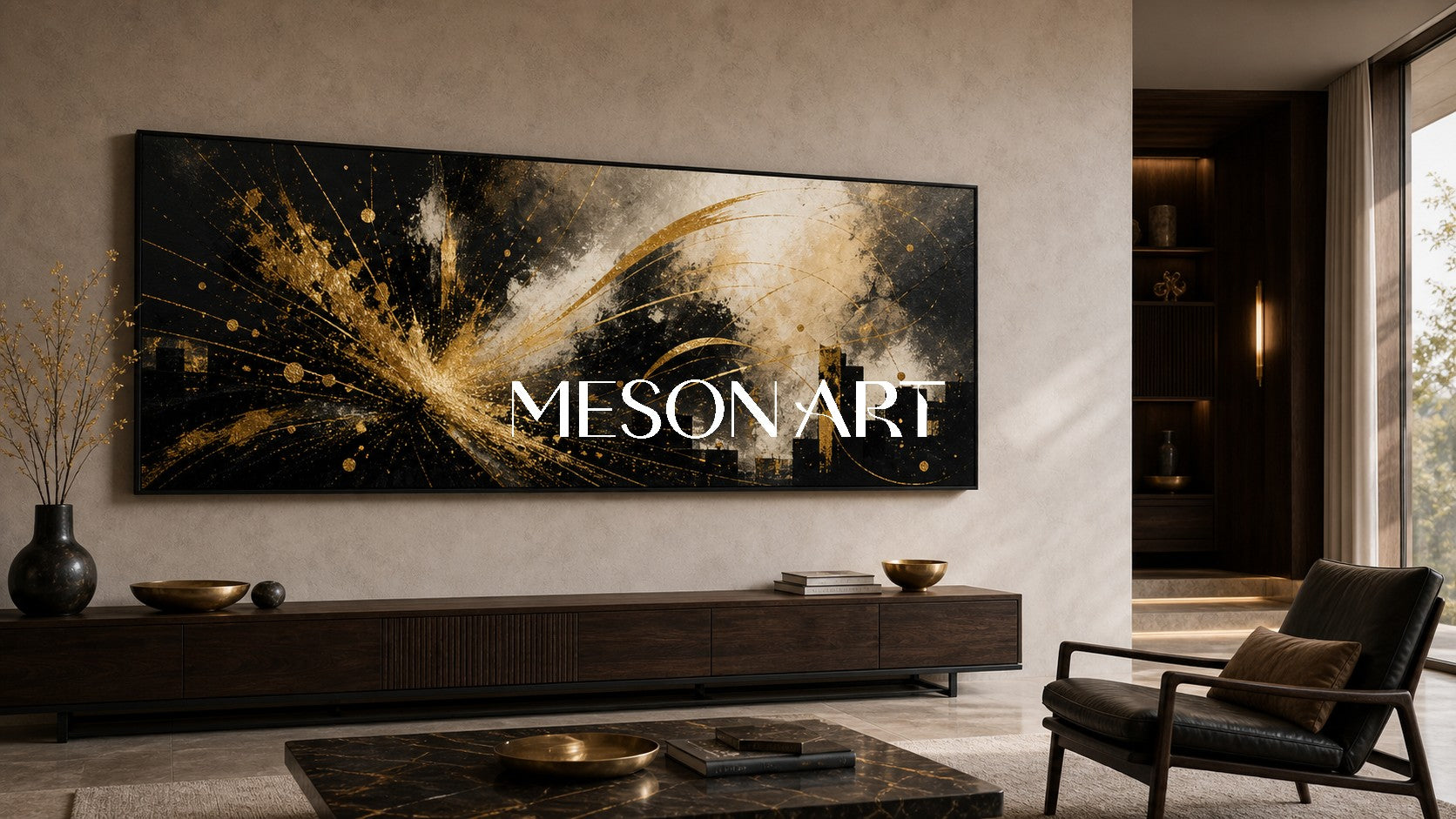 Abstract Black Gold City Painting With Metallic Texture For Modern Living Room Decor