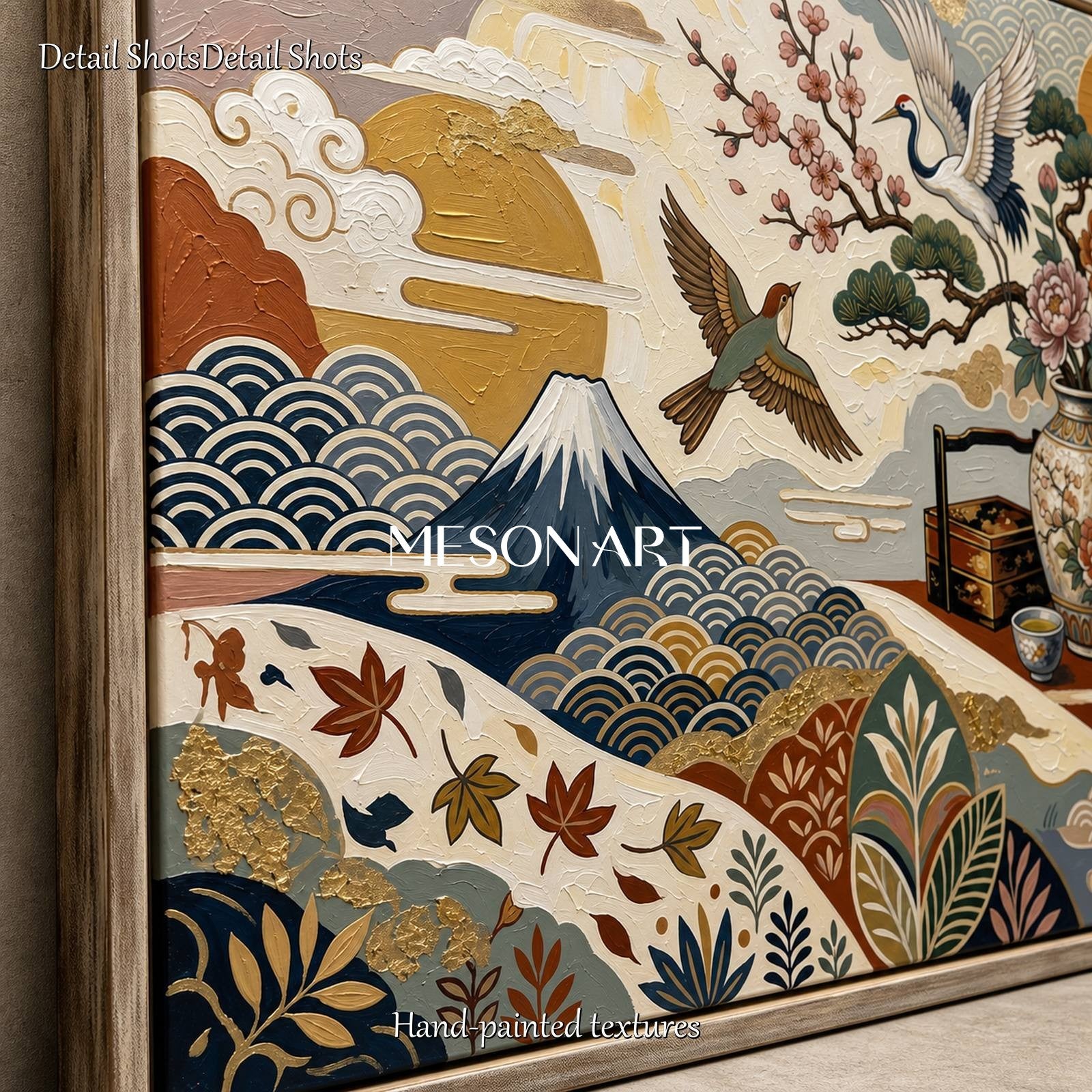 Japanese Ukiyo-E Crane Art With Gold Texture For Living Room Decor