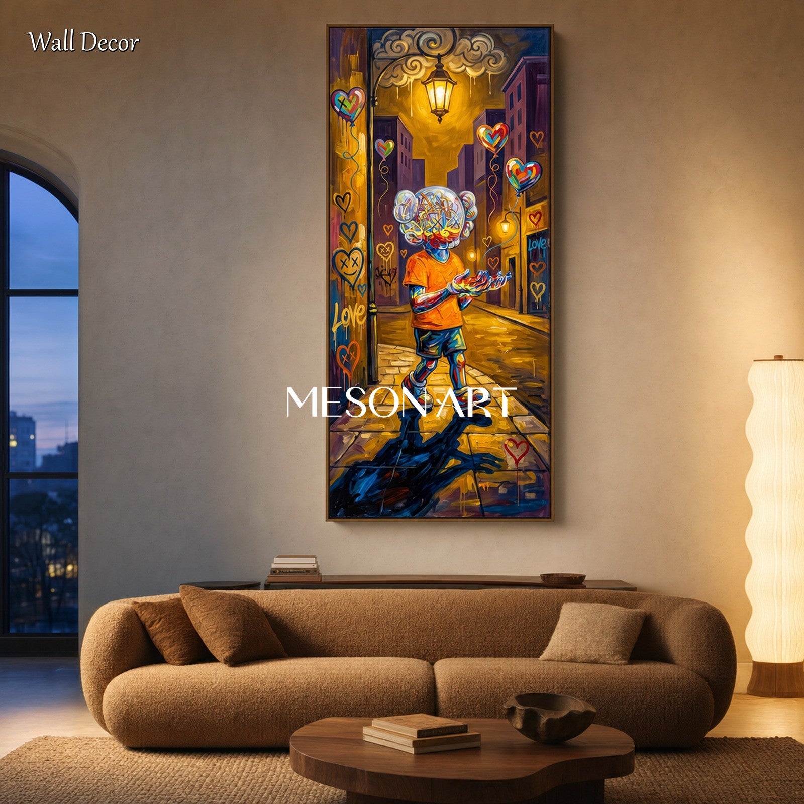 Vibrant Pop Art Painting With Heart Balloons And Street Character For Eclectic Home Decor