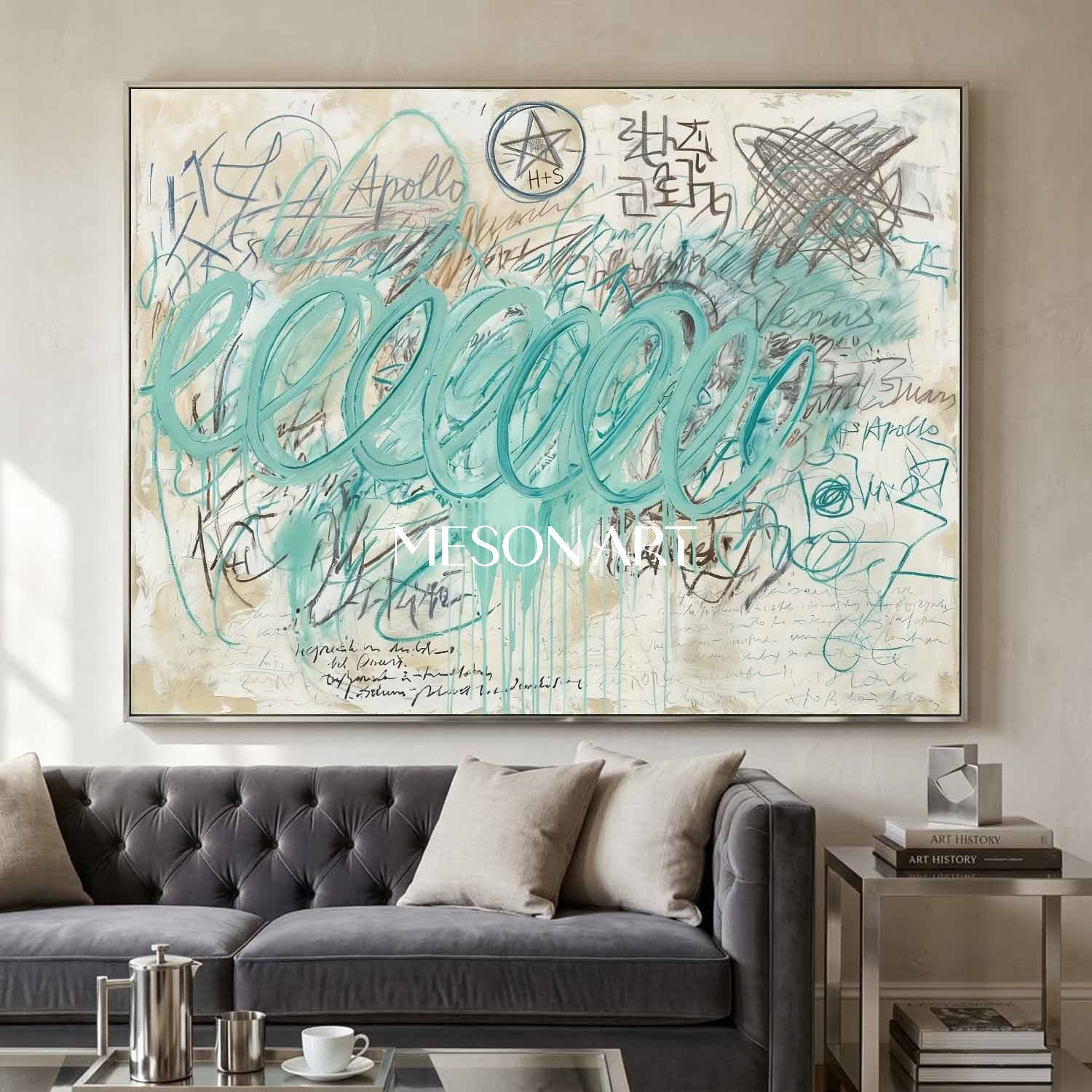 Modern Mint Green Abstract Expressionist Painting Large Canvas Bathroom