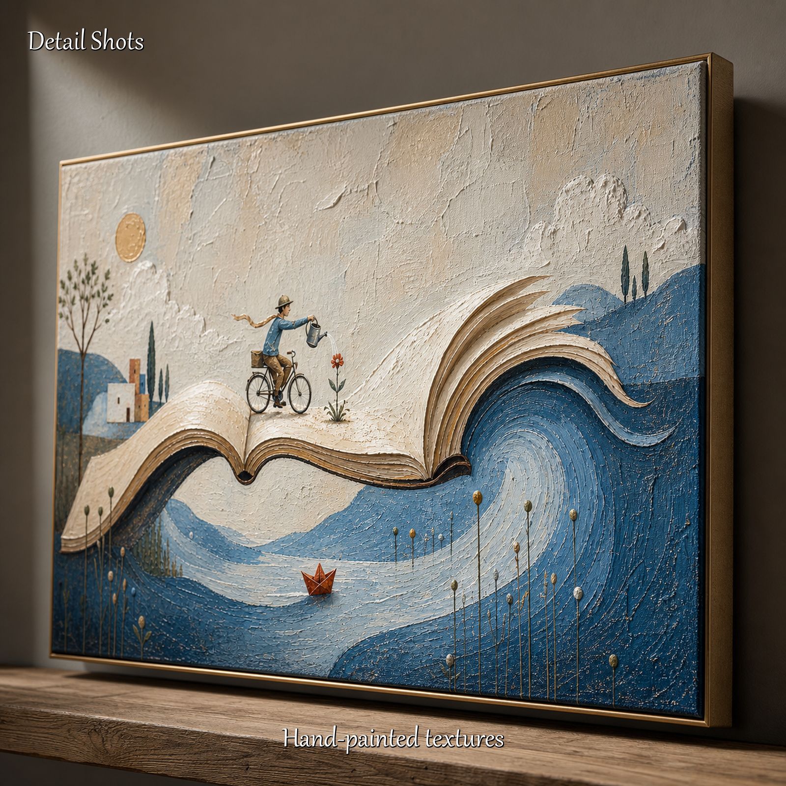 Surrealist Fantasy Painting With Book And Wave For Modern Living Room Decor
