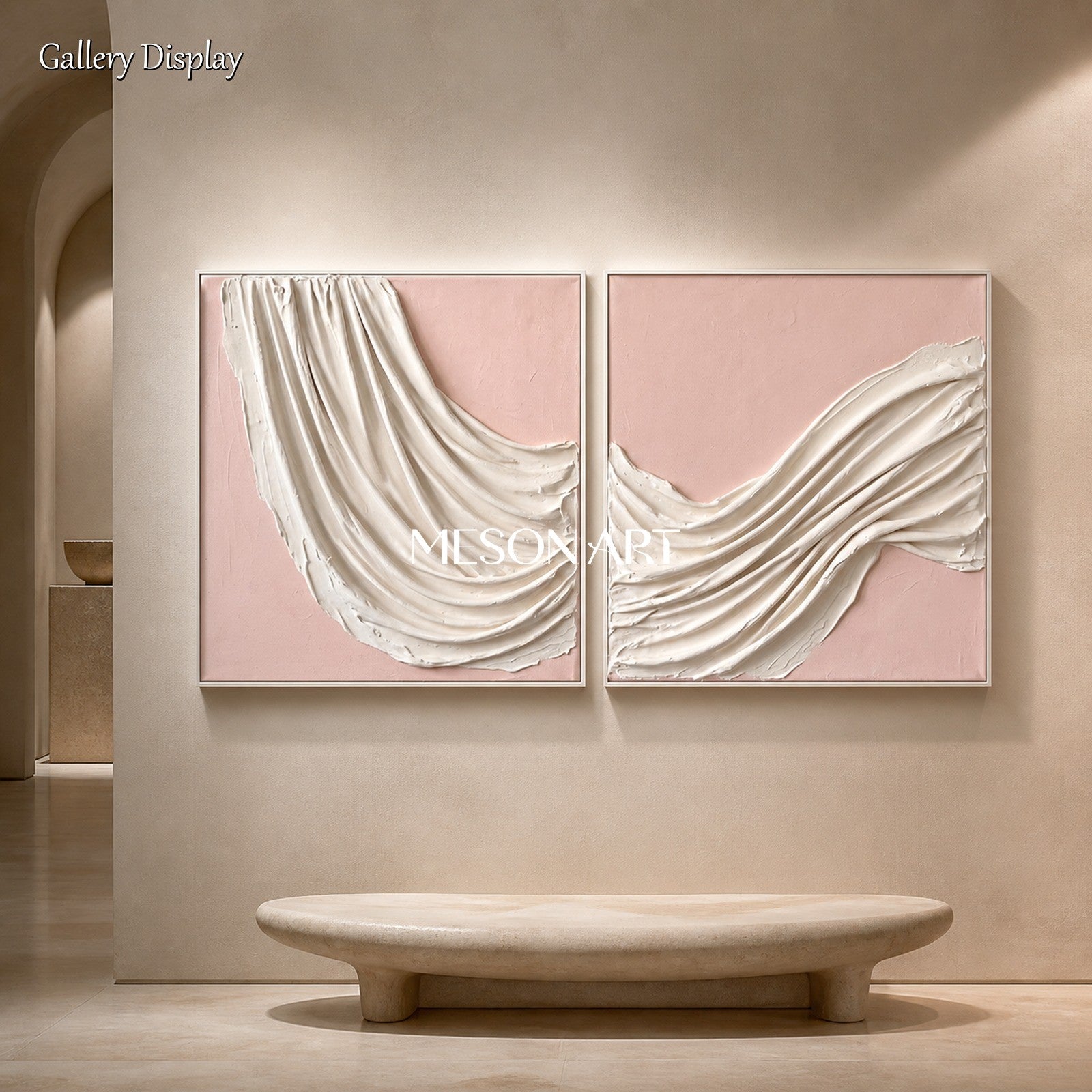 Pink And White Minimalist Art Sculptural Plaster Relief Square Wall Art By Mesonart