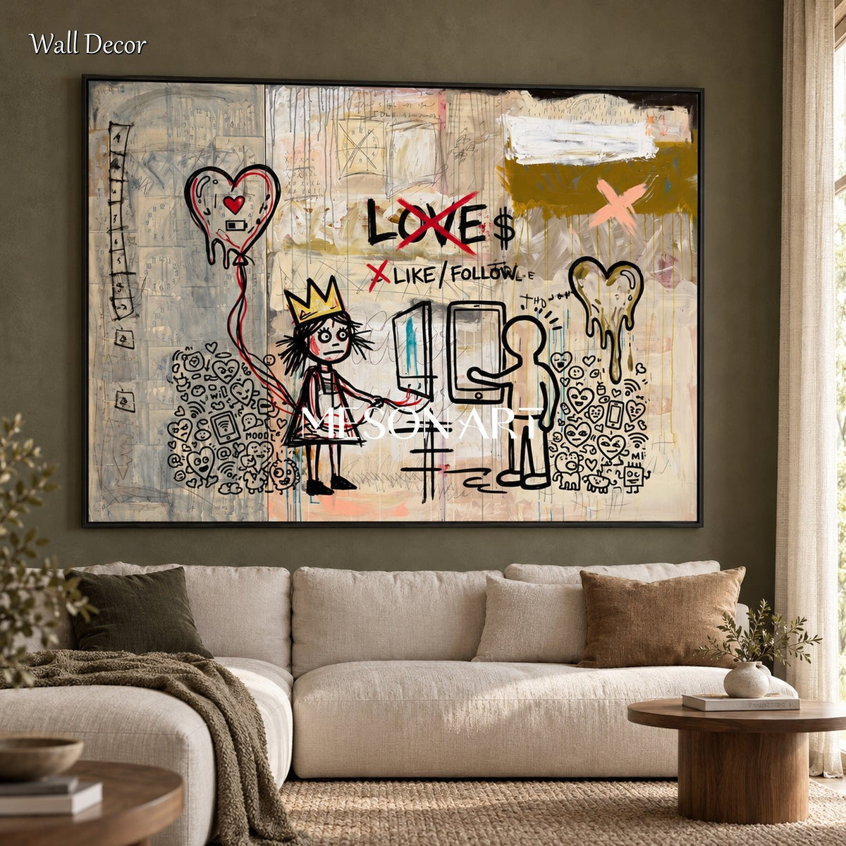 Beige And Black Graffiti Painting Original Artist Satire Art Rectangular Wall Decor For Living Room By Mesonart