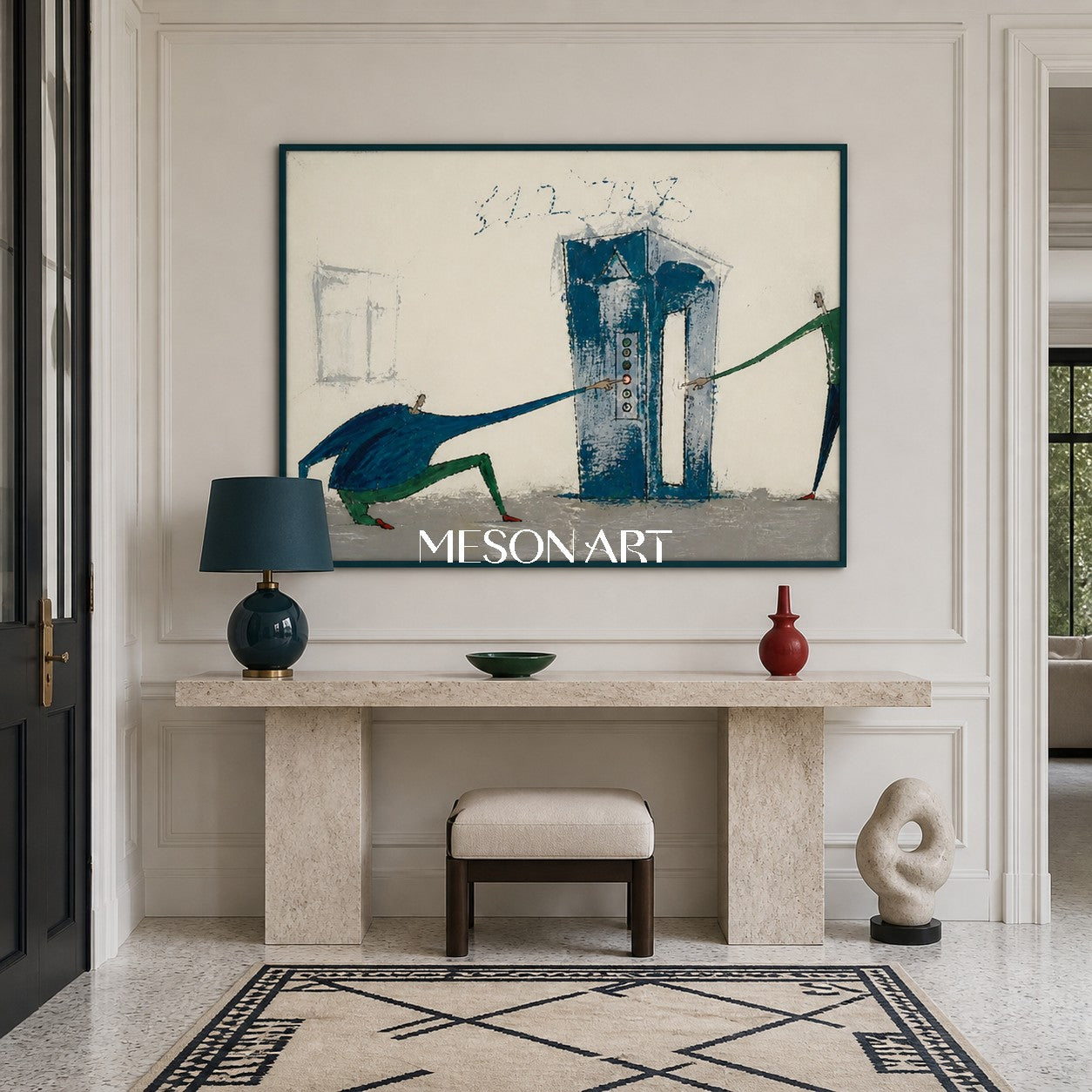 Blue And Green Graffiti Figurative Surreal Rectangular Wall Art Original Artist Hand Painted By Mesonart