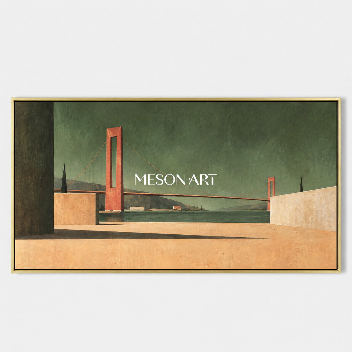Green And Brown Surrealist Architectural Painting Minimal Geometric Bridge Horizon Panoramic Wall Art For Living Room By Mesonart