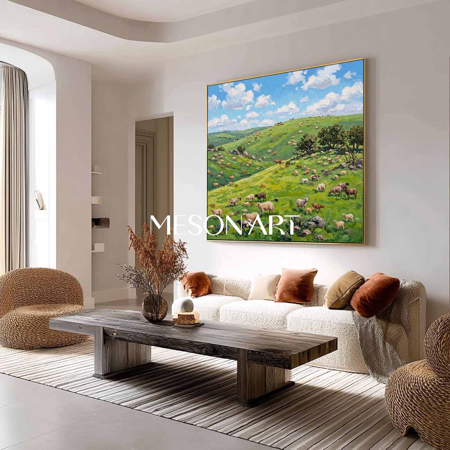 Green Pasture Landscape Oil Painting With Cows For Modern Farmhouse Living Room Decor