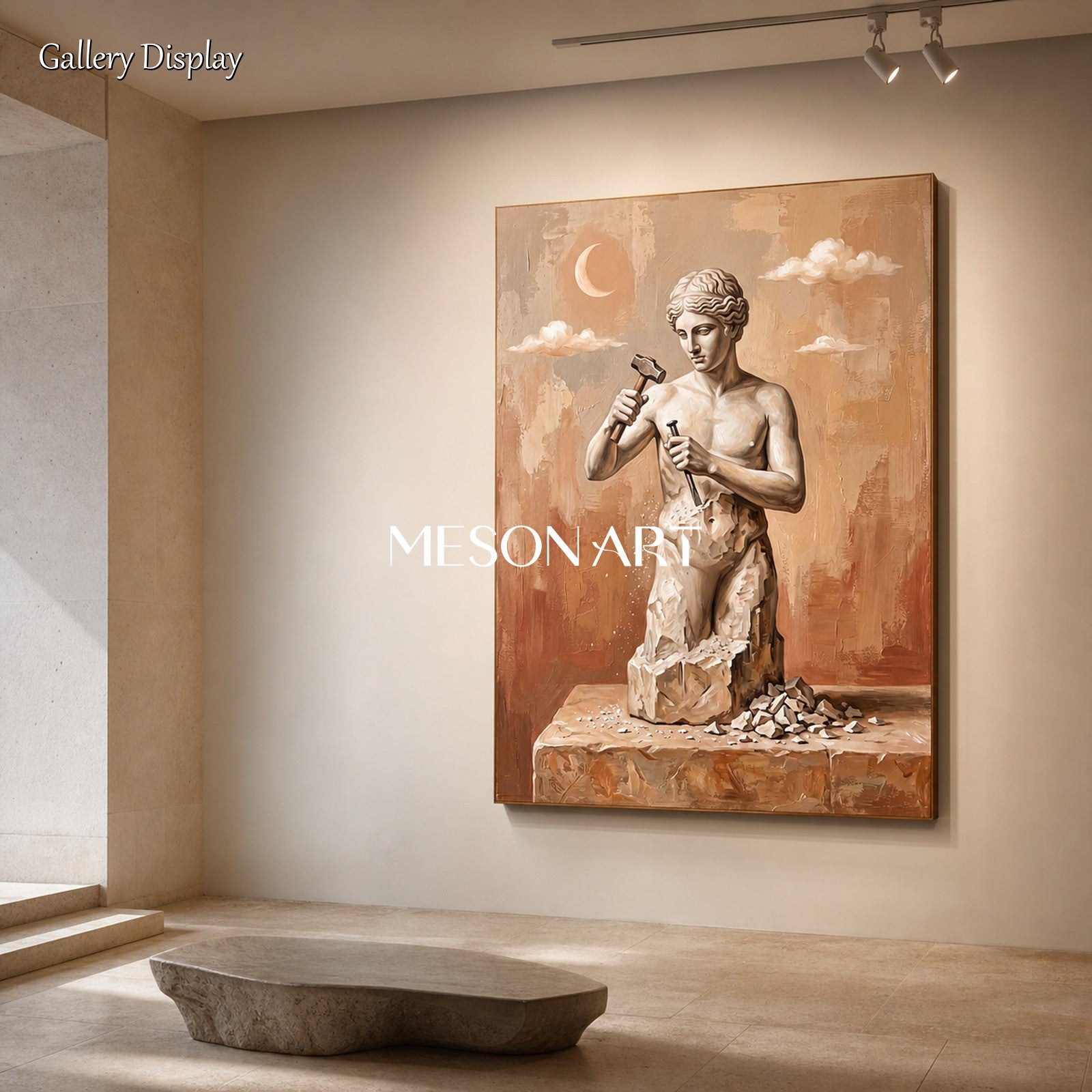 Surrealist Sculpture Painting With Moon And Clouds In Beige Brown Tones For Modern Living Room Decor