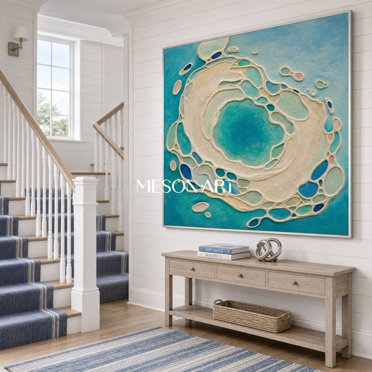 Sculptural Azure Lagoon Art With Plaster Texture For Coastal Living Room Decor