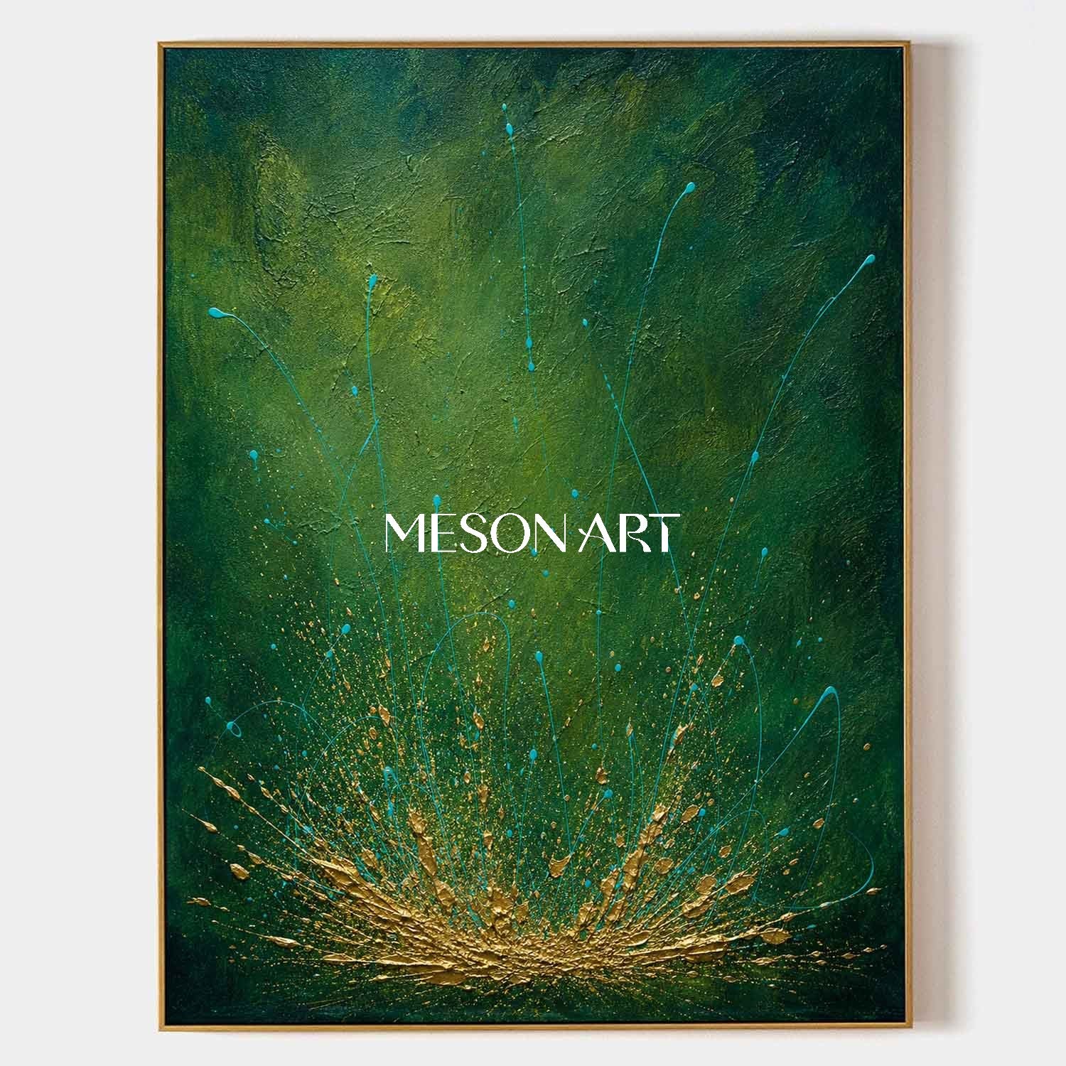 Emerald Green And Gold Abstract Painting Original Pollock Style Art For Living Room