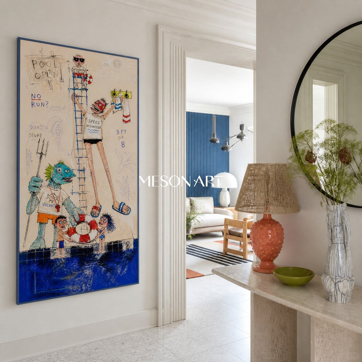 Blue And Orange Graffiti Cartoon Swimming Pool Art Panoramic Lifeguard Painting By Mesonart