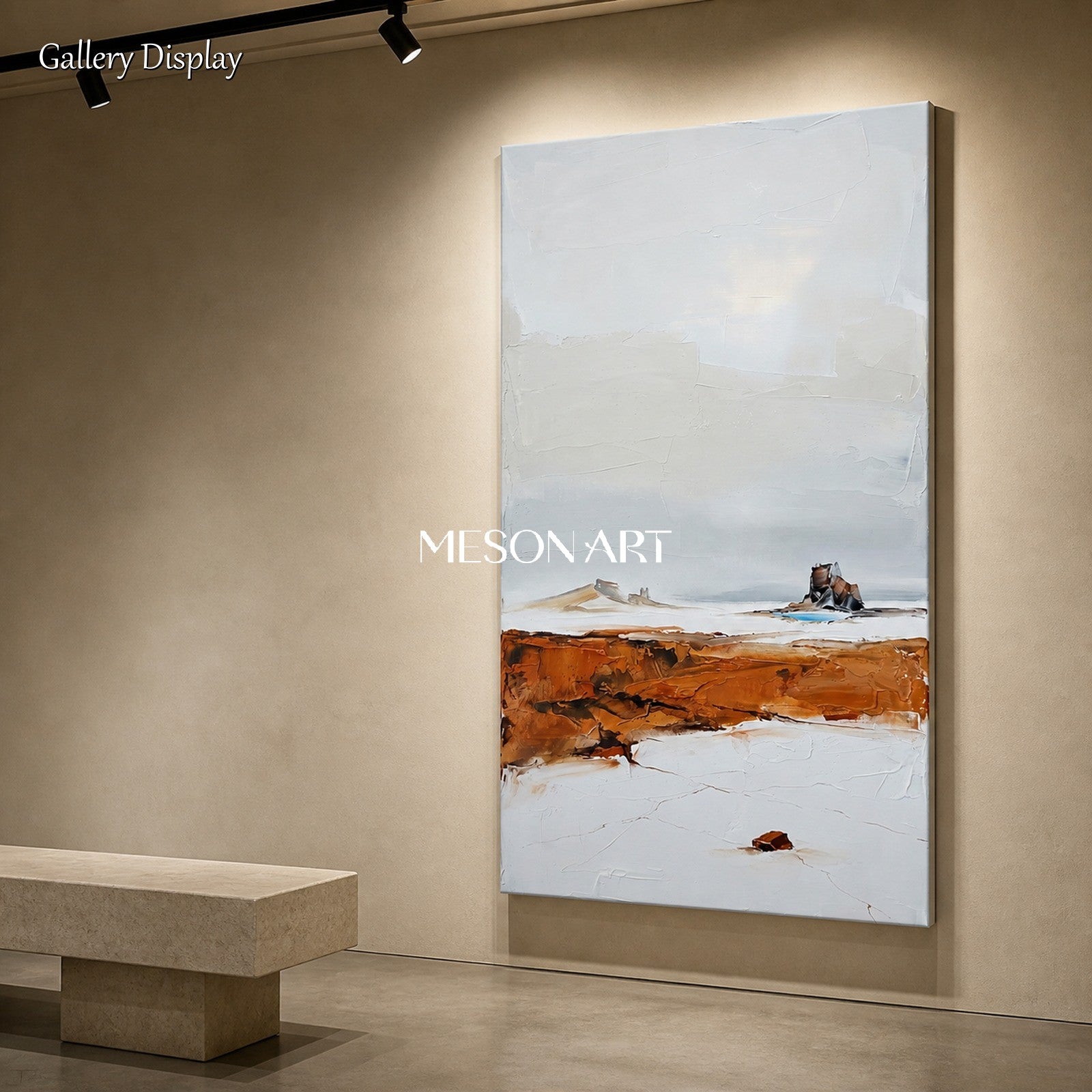 White And Brown Abstract Landscape Painting Panoramic Textured Art Original Artist Hand Painted By Mesonart