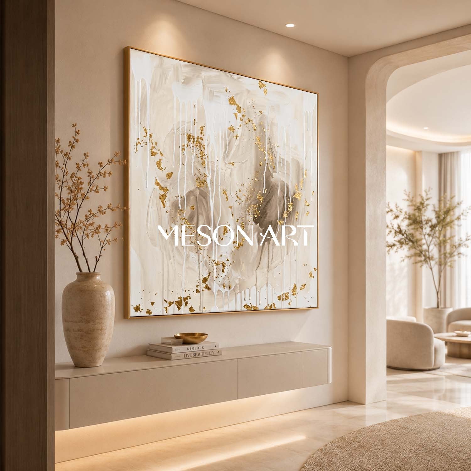 Gilded Abstract Painting With Gold Leaf For Elegant Living Room Decor