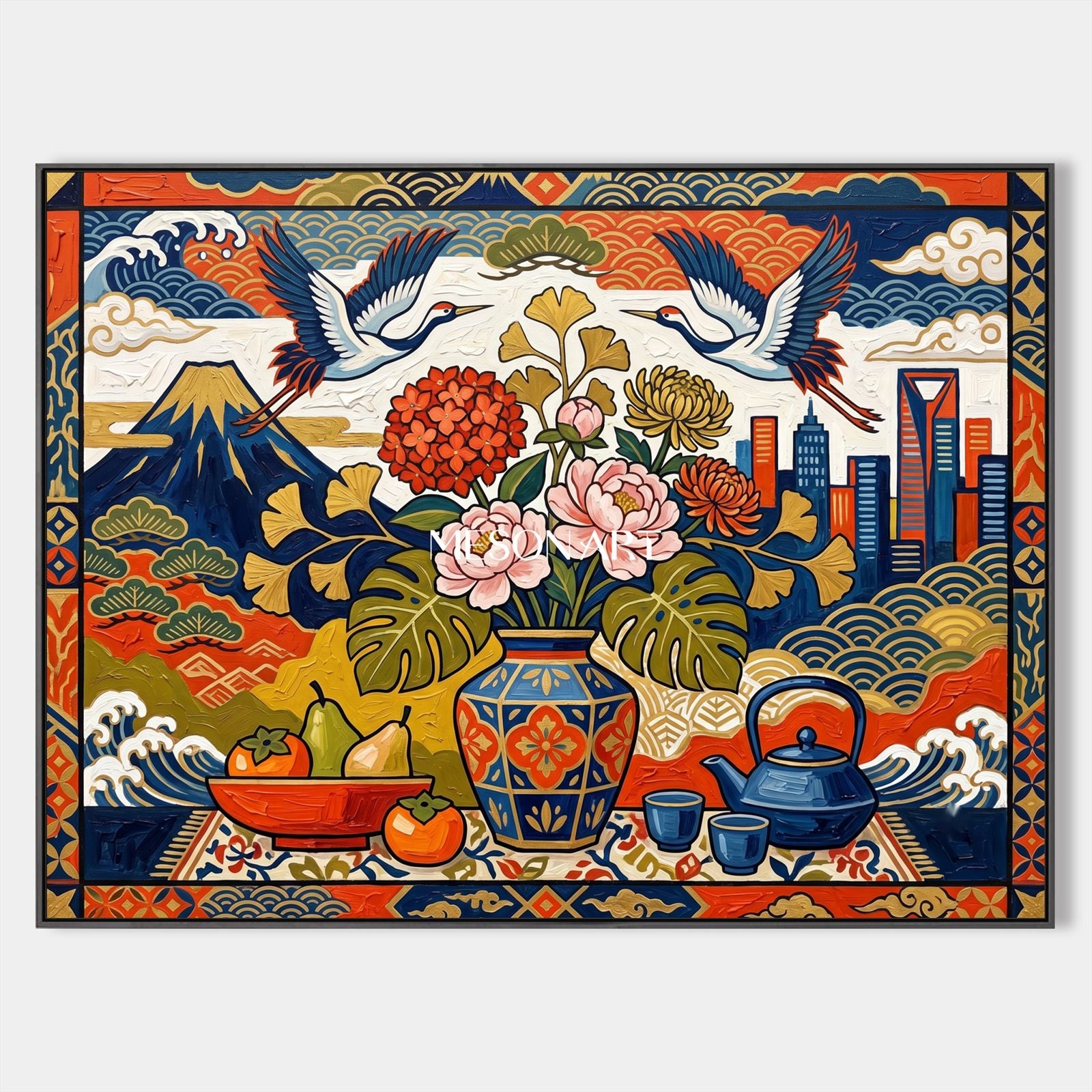 Modern Ukiyo-e Wall Art With Cranes And Flowers For Living Room Decor
