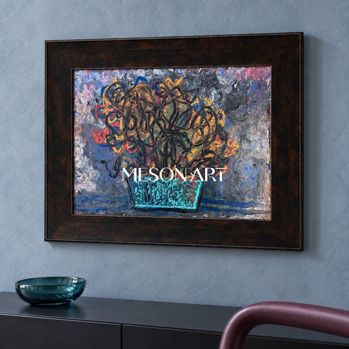 Blue And Gold Abstract Painting Original Artist Hand Painted Expressionist Artwork Rectangular Wall Decor For Living Room By Mesonart