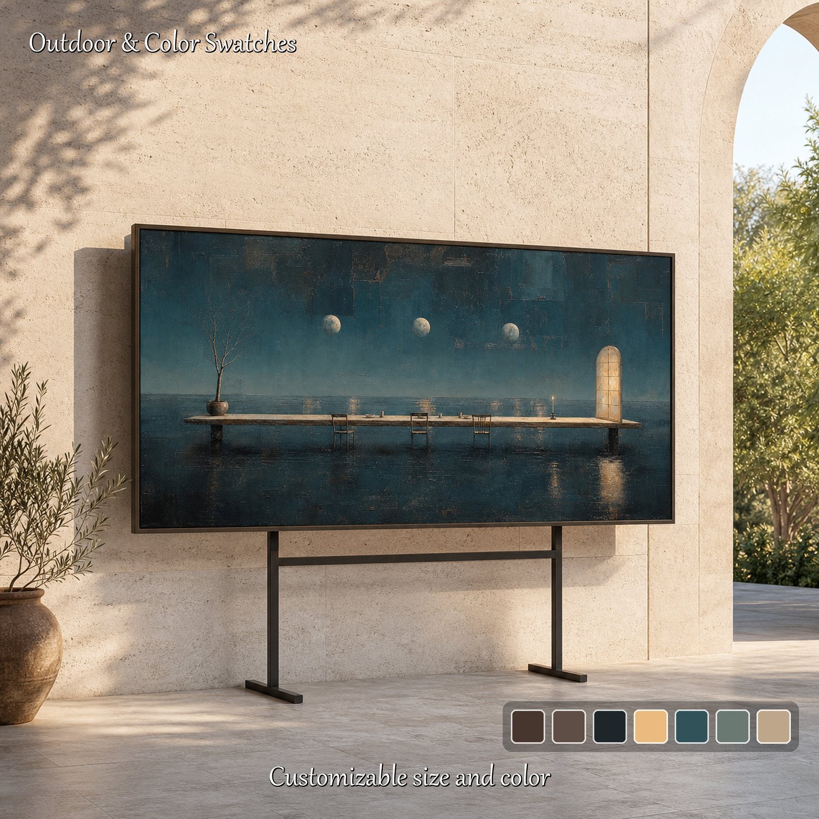 Surrealist Ocean Painting With Golden Door And Triple Moons For Modern Living Room Decor