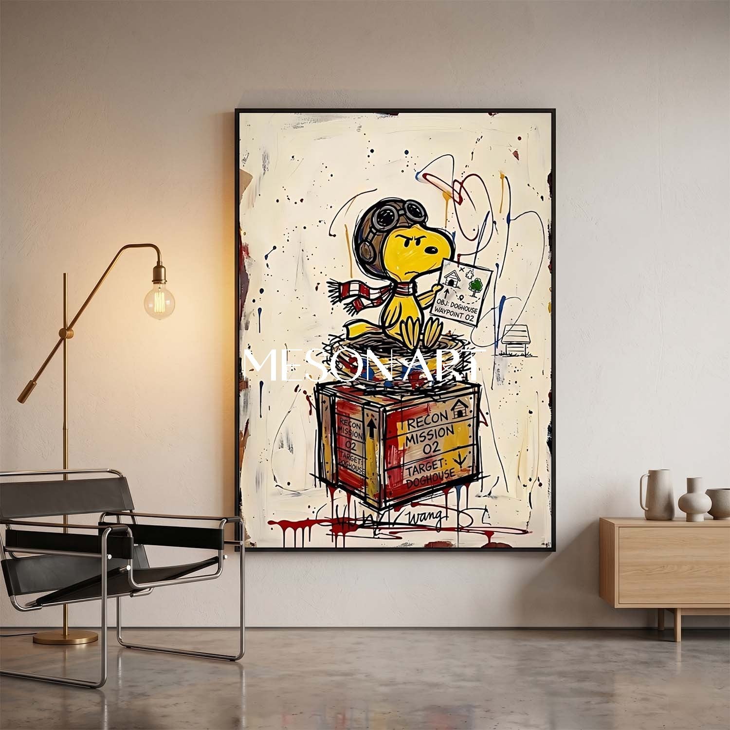 Cool Graffiti Style Snoopy Pilot Dog Painting For Modern Living Room Decor