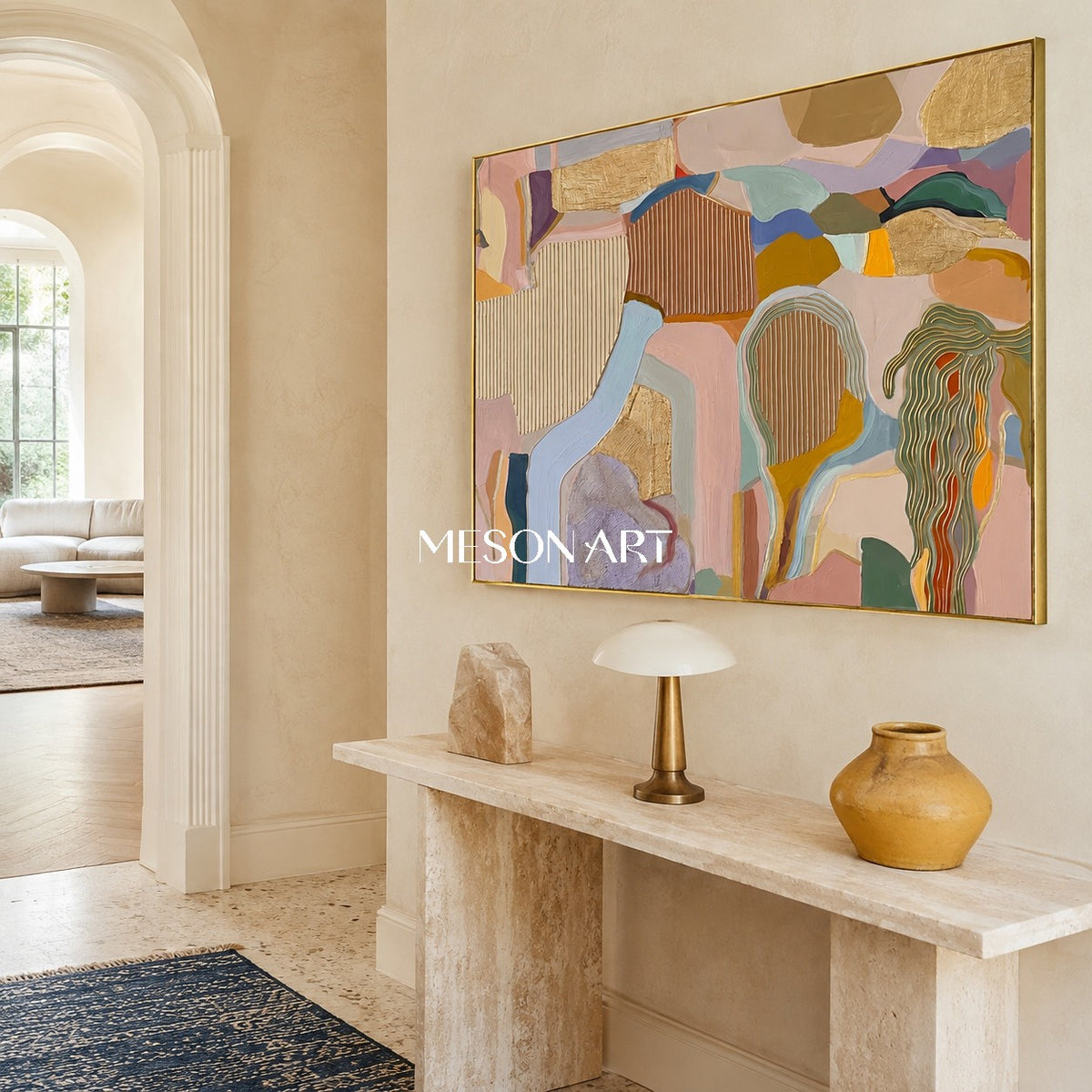 Beige And Gold Abstract Textured Organic Geometric Contemporary Rectangular Wall Art By Mesonart