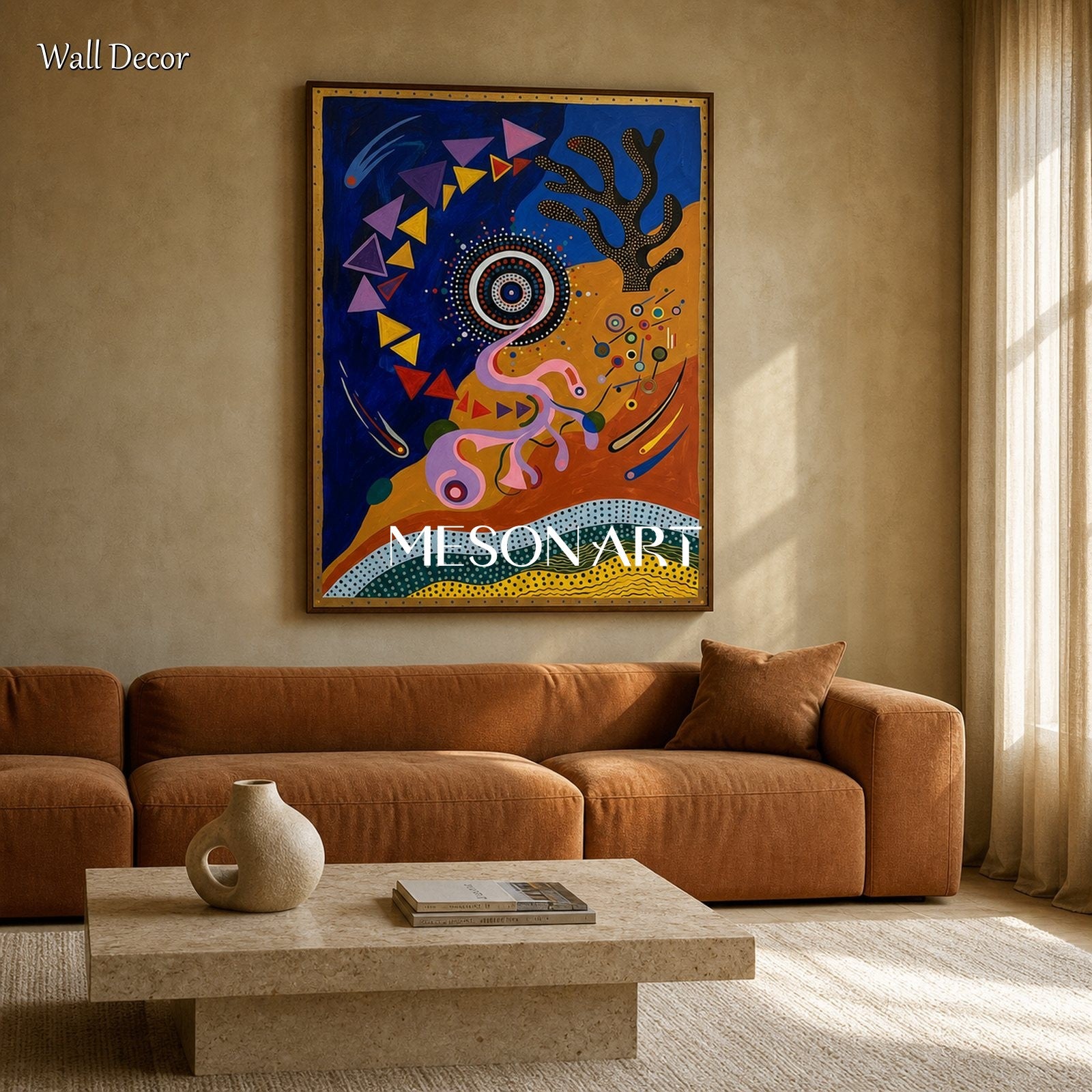 Vibrant Abstract Painting With Geometric Shapes And Blue Gold Tones For Contemporary Home Decor