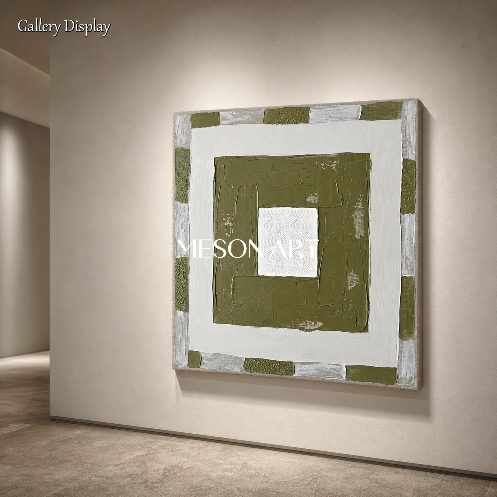 Original Green And White Minimalist Art With Textured Relief For Modern Home Decor