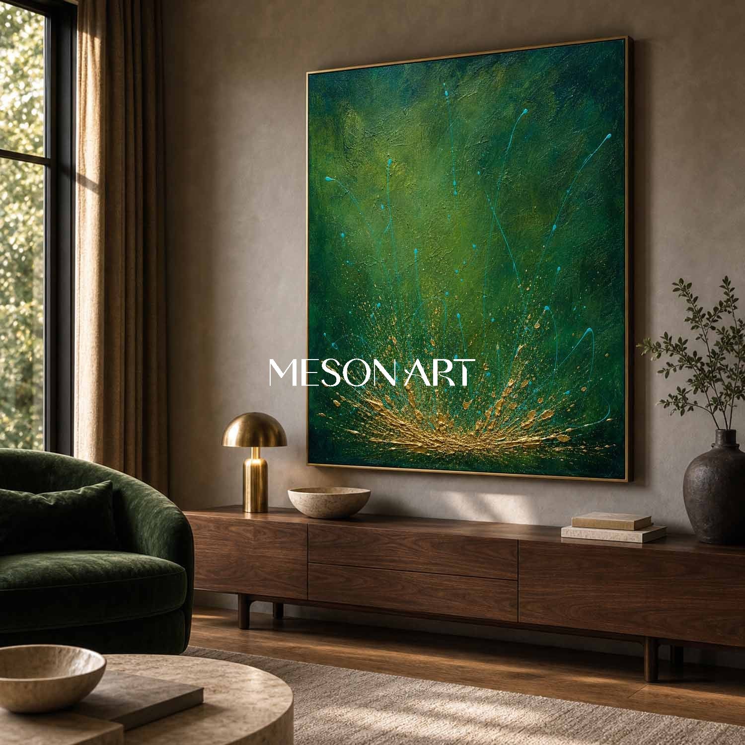 Emerald Green And Gold Abstract Painting Original Pollock Style Art For Living Room