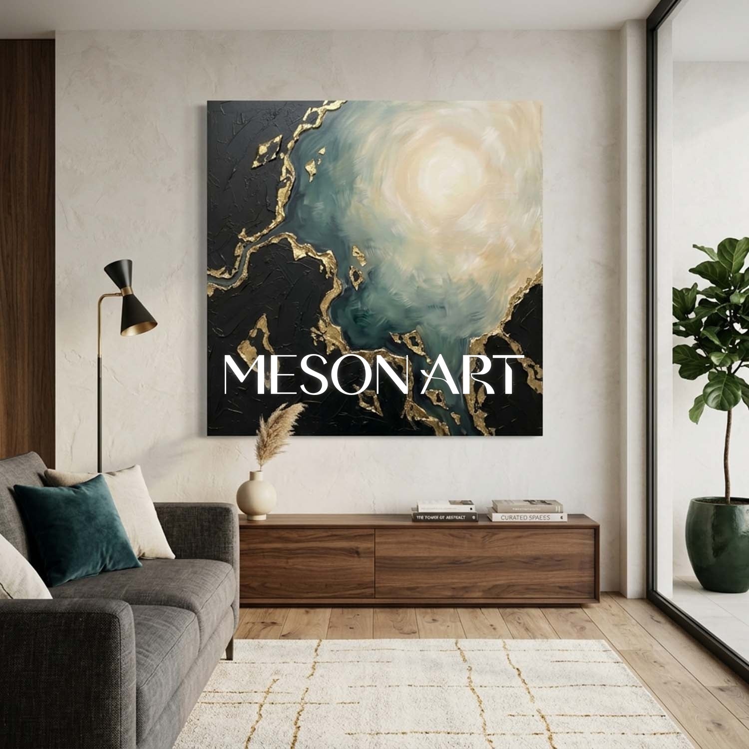 Luxury Abstract Sea Art With Gold Plaster Texture For Living Room Decor