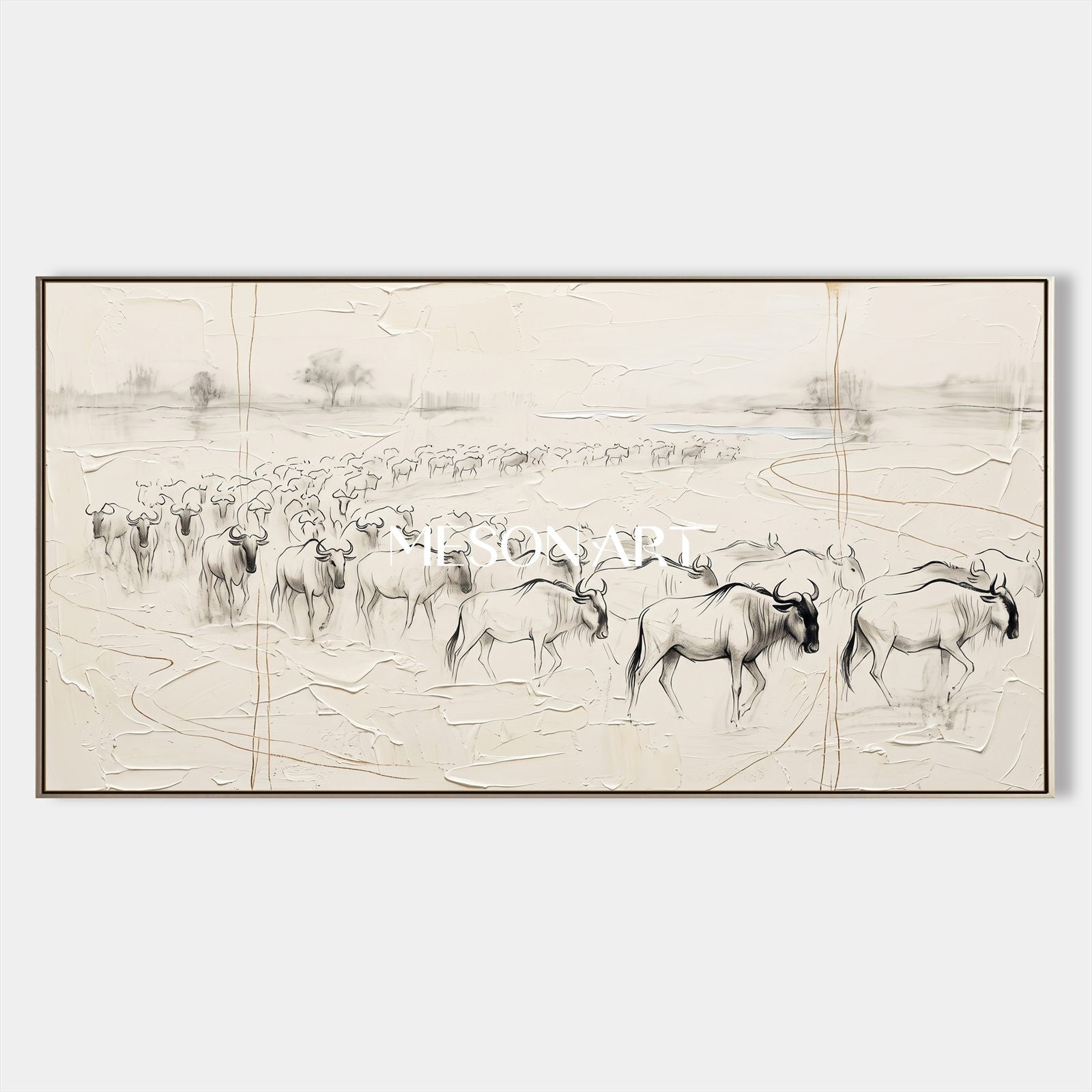 Beige And Black Wildebeest Minimalist Painting Original Artist Panoramic Wall Art For Living Room By Mesonart