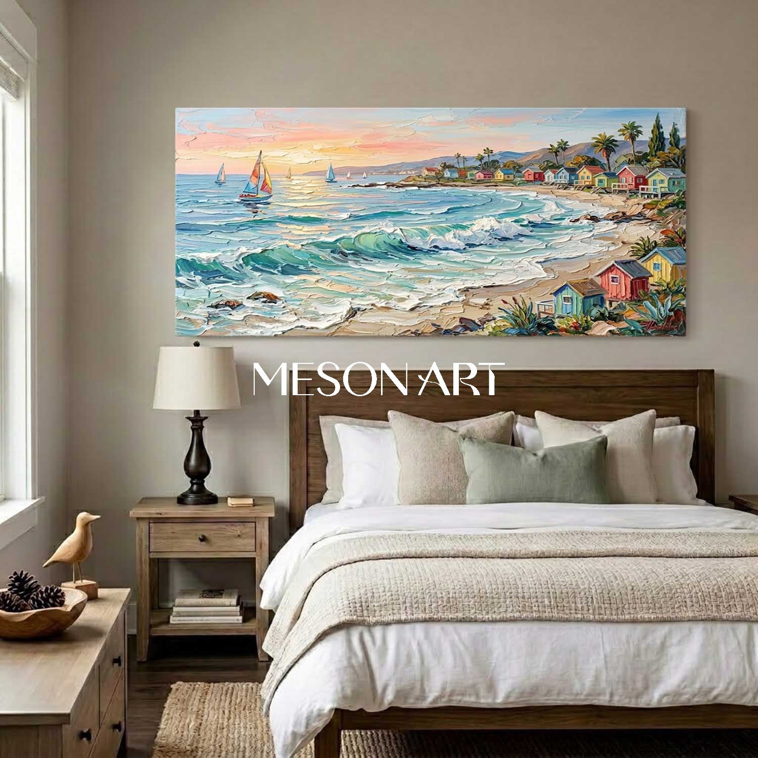 Luxury Mediterranean Coastal Oil Painting With Colorful Cottages And Turquoise Waves For Living Room