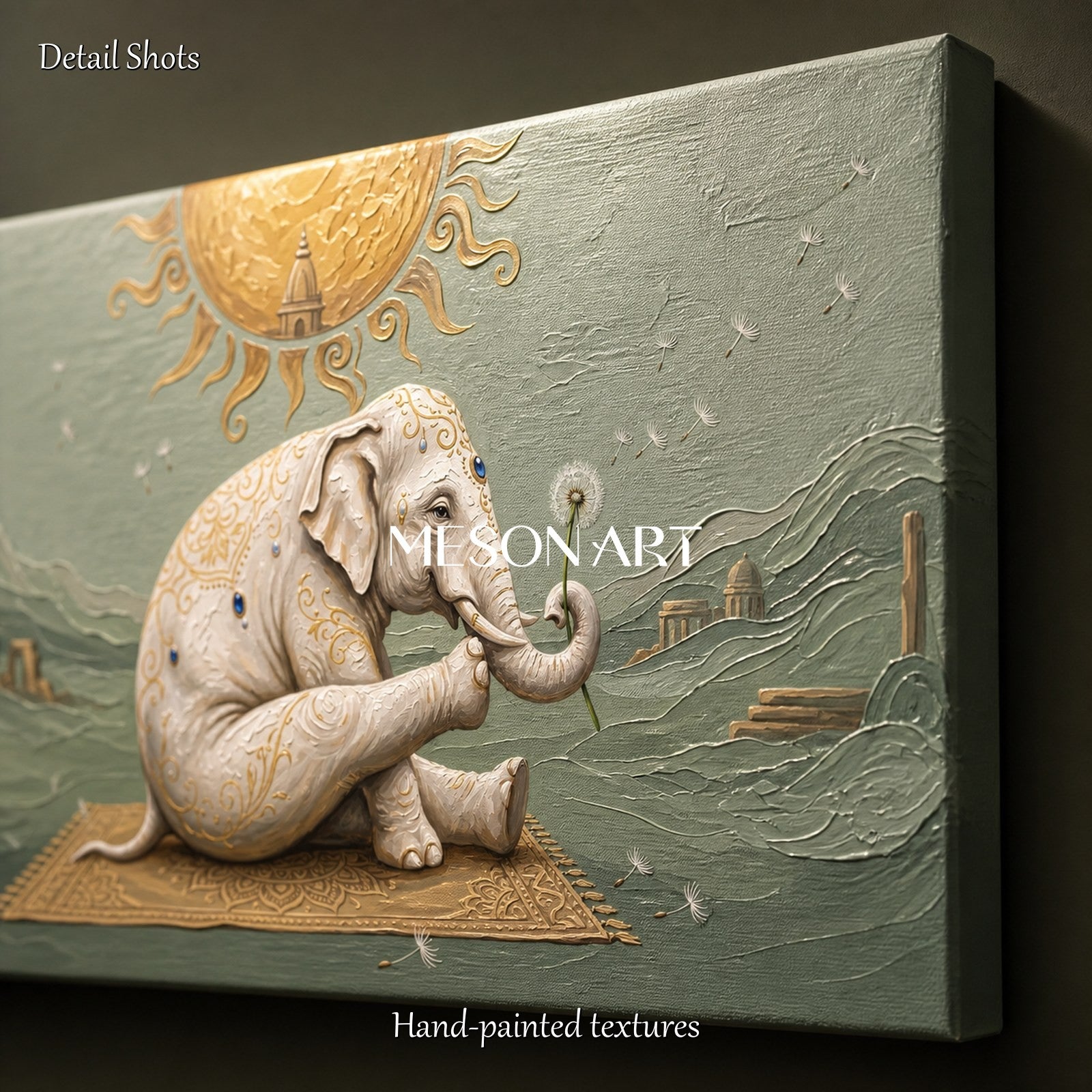 Green And Gold Surrealist Art Yoga Elephant Original Artist Panoramic Wall Decor For Living Room By Mesonart