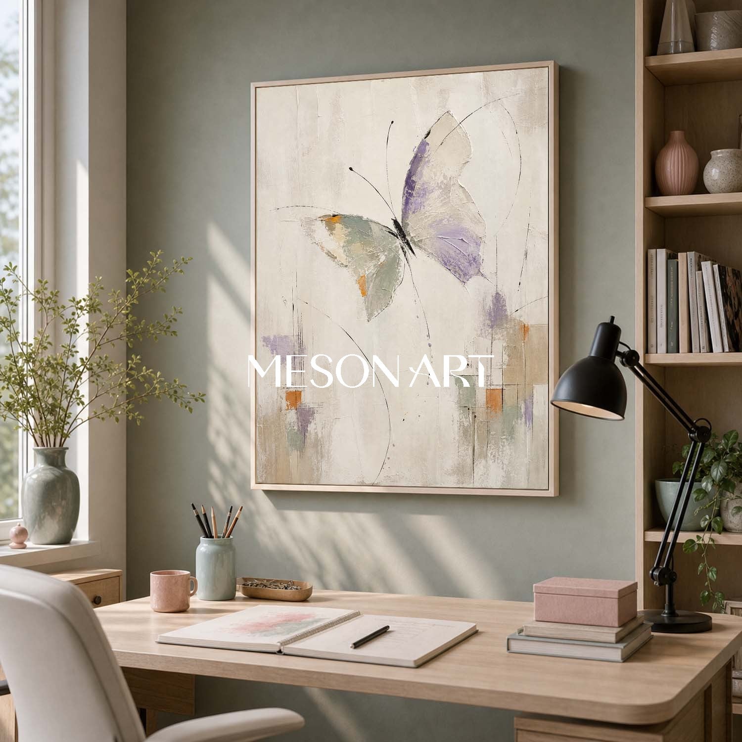 Minimalist Butterfly Abstract Painting In Violet Beige For Modern Home Decor