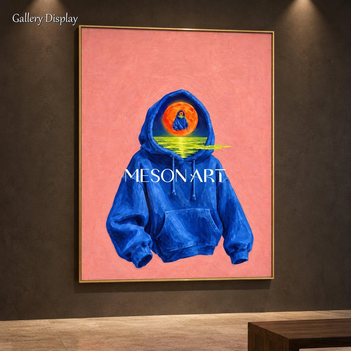 Surrealistisches Gemälde in Blau und Orange mit Spiegelbild – rechteckiges Wandbild, Originalwerk des Künstlers Mesonart