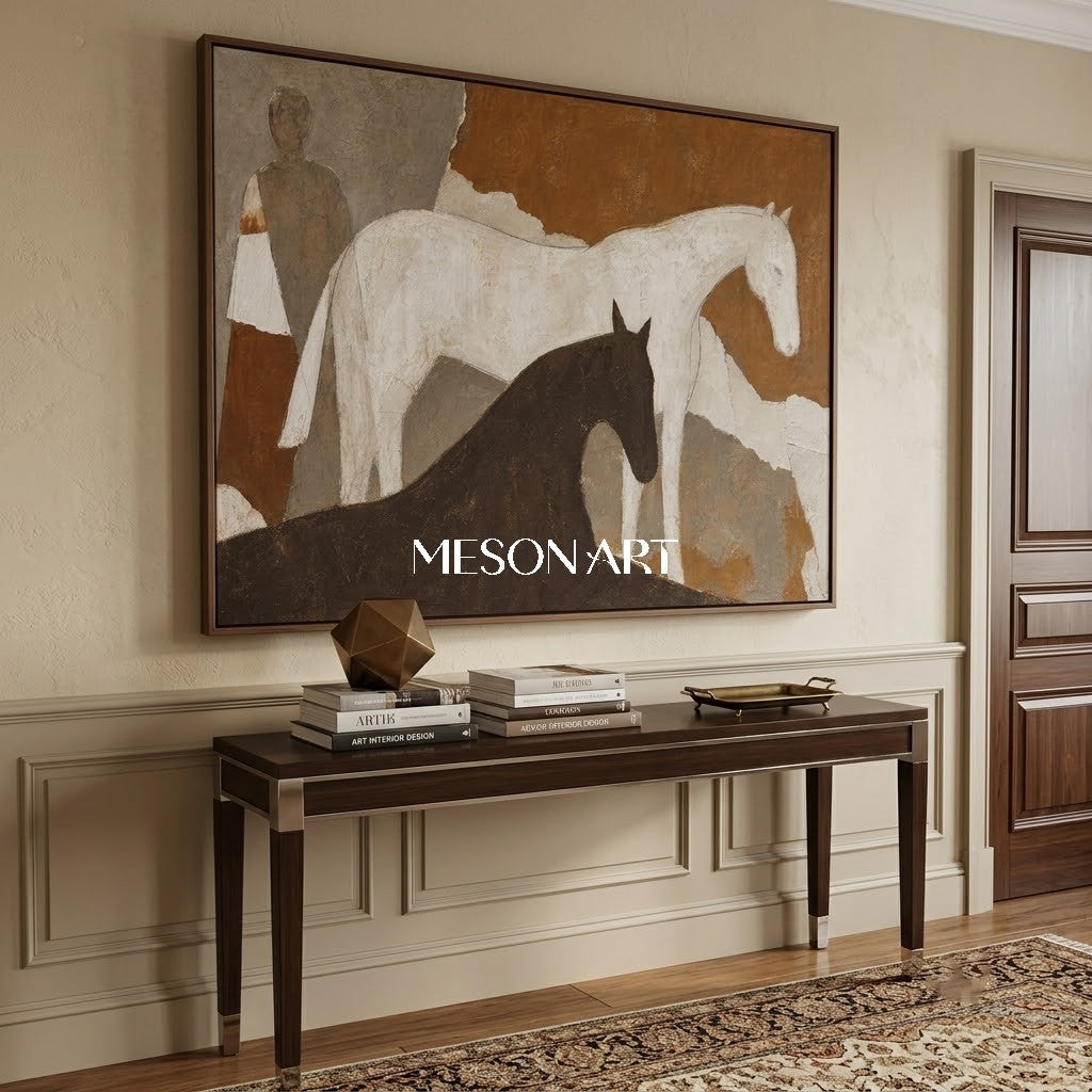 Wabi Sabi Textured Horse Painting With Earthy Tones For Modern Living Room Decor