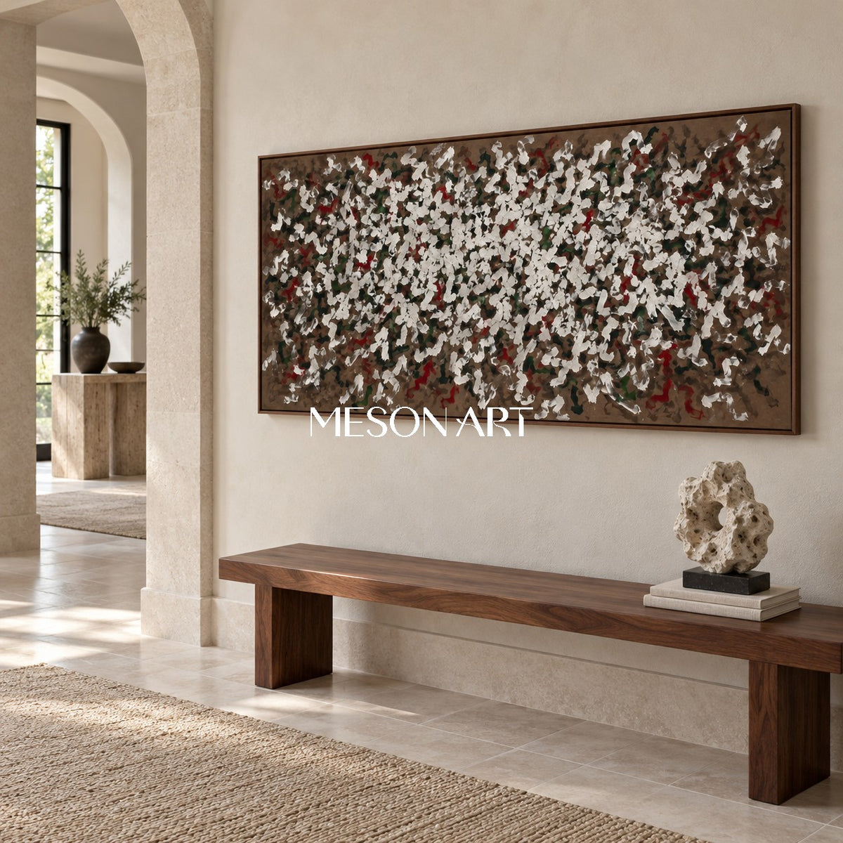 Brown And White Abstract Art Panoramic Wabi-Sabi Impasto Palette Knife Original Artwork By Mesonart