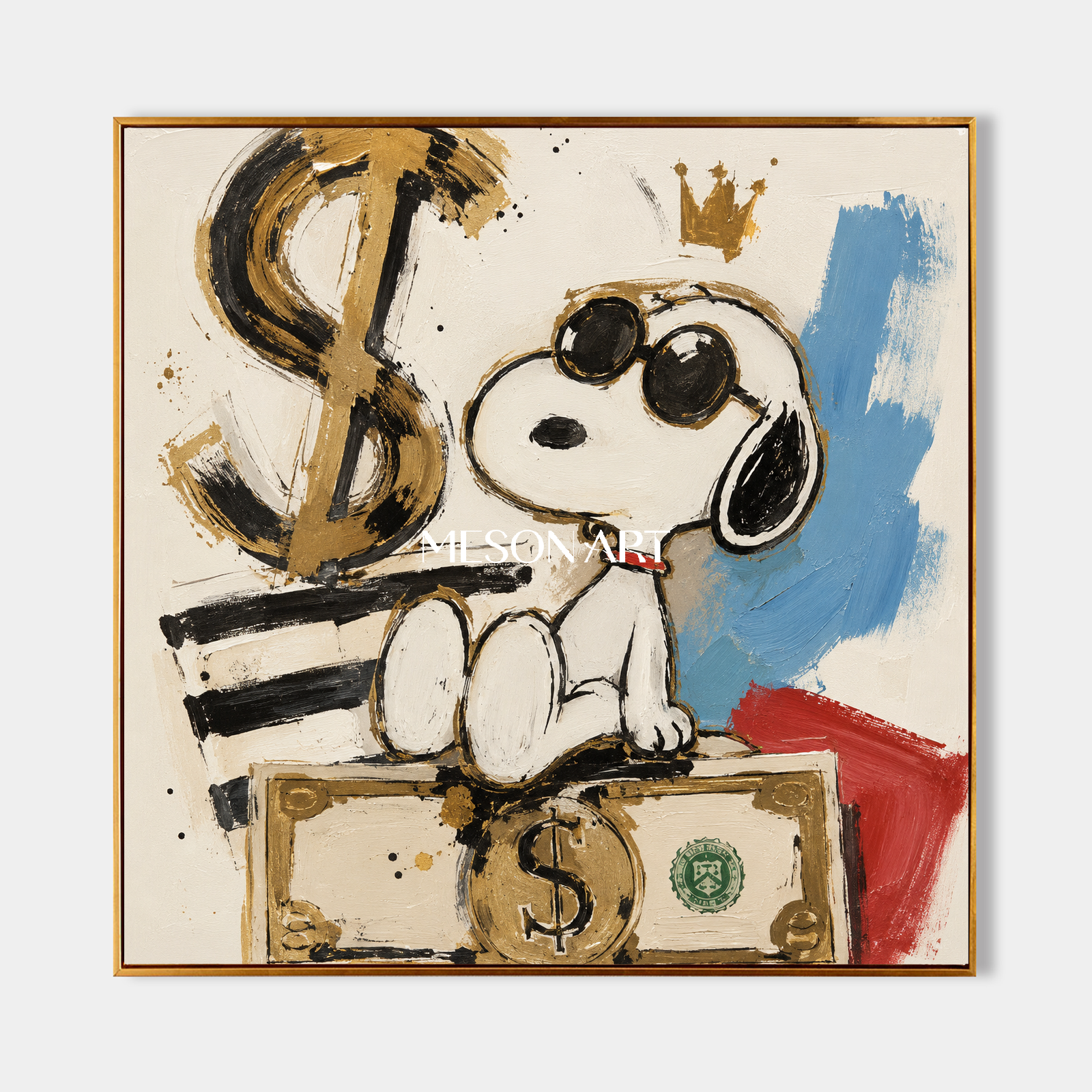 スヌーピー ポップアート 絵画 モダンなリビングのインテリアにぴったりの、ゴールドのドル記号を