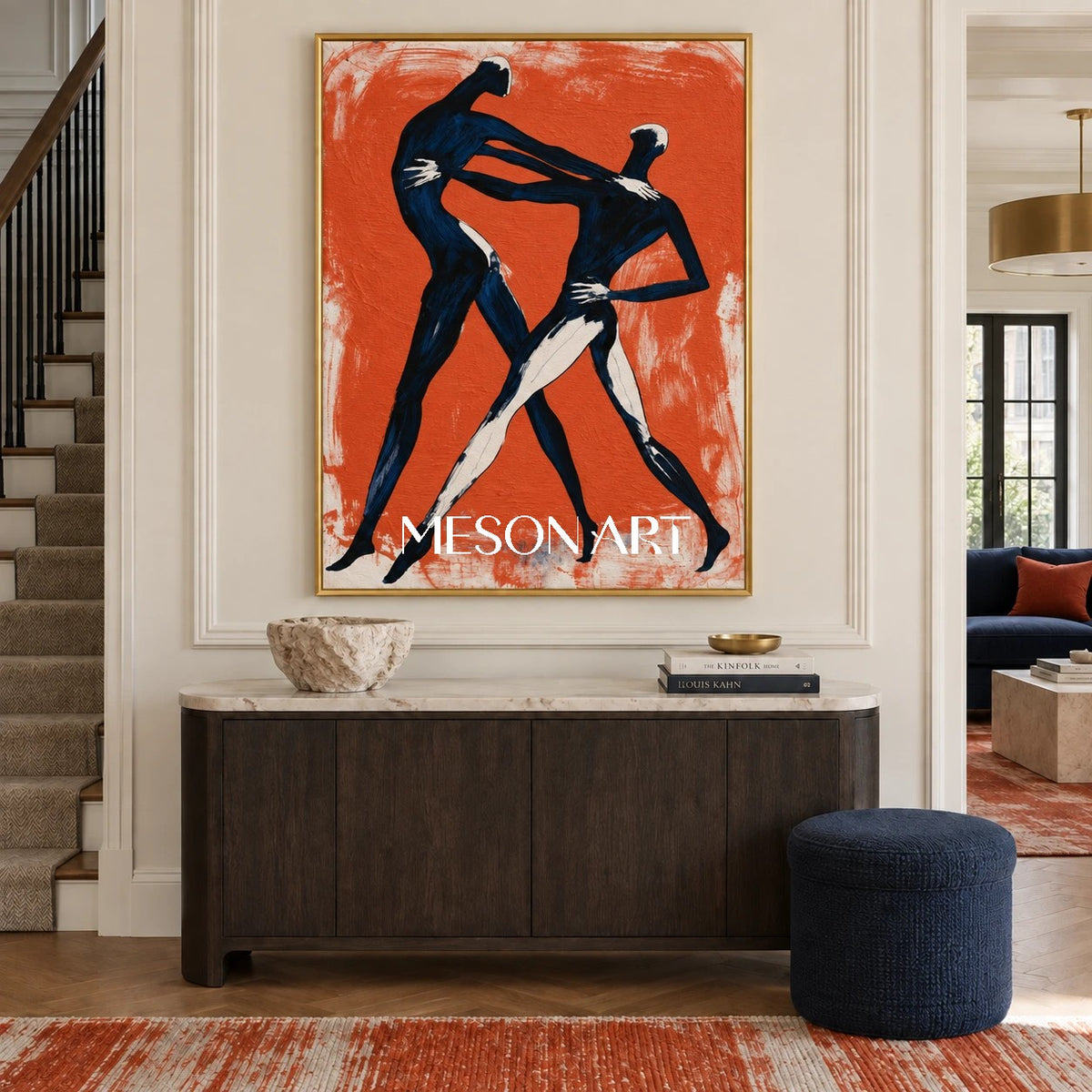 Orange And Black Expressionist Figurative Dynamic Textured Gestural Modern Rectangular Wall Art Original Artist By Mesonart