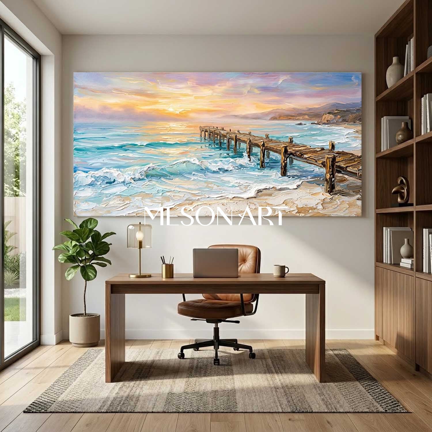 Luxury Coastal Seascape Painting With Impasto Texture For Modern Living Room Decor
