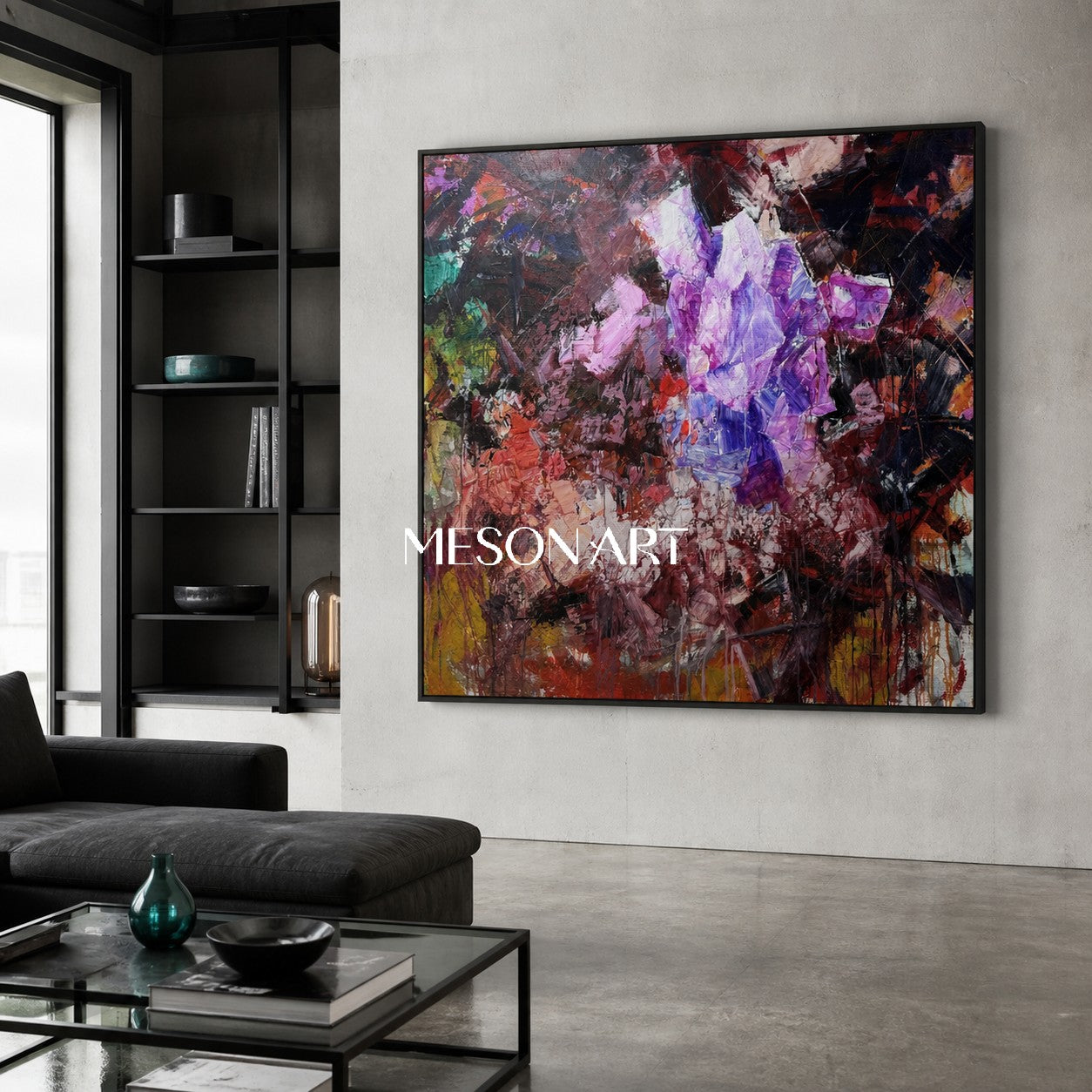 Original Purple Crystal Painting, Heavy Texture Abstract Canvas, Luxury Living Room Wall Decor, Modern Impasto Oil Artwork, Sculptural Strokes Art Piece, Expressionist Colorful Centerpiece, Large Framed Square Artwork, 3D Plaster Mineral Decor, High End Collector Artwork, Dark Red Background Contemporary Art.