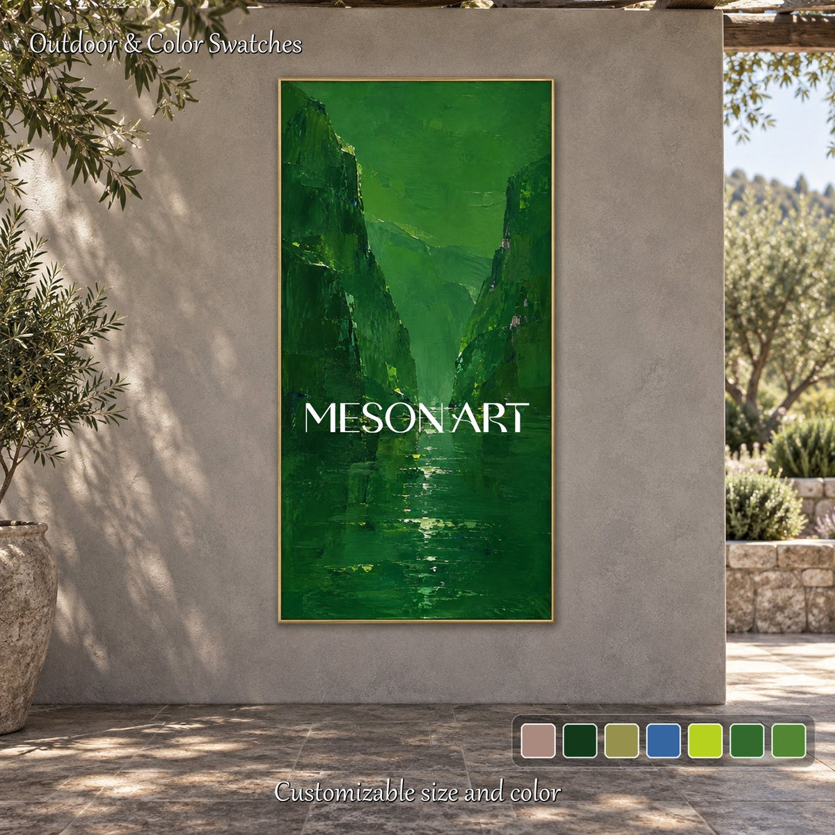 Green Abstract Landscape Painting Minimalist Palette Knife Art Panoramic Wall Decor By Mesonart