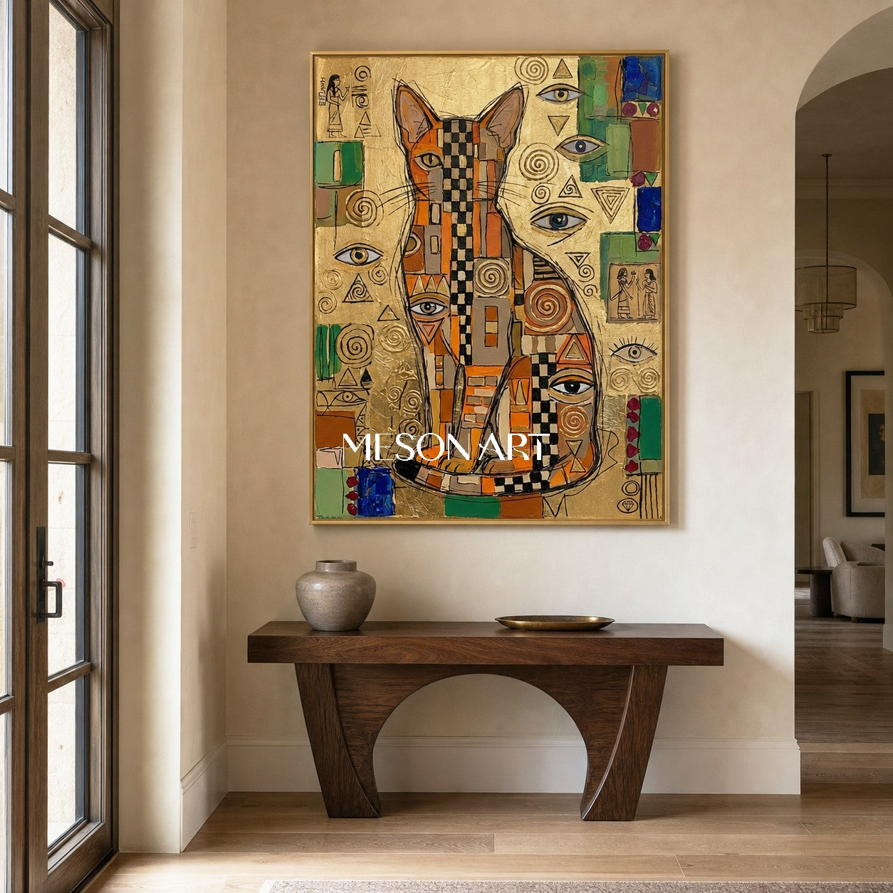 Luxury Golden Egyptian Cat Painting With Geometric Mosaic And Symbolic Eyes For Living Room Decor