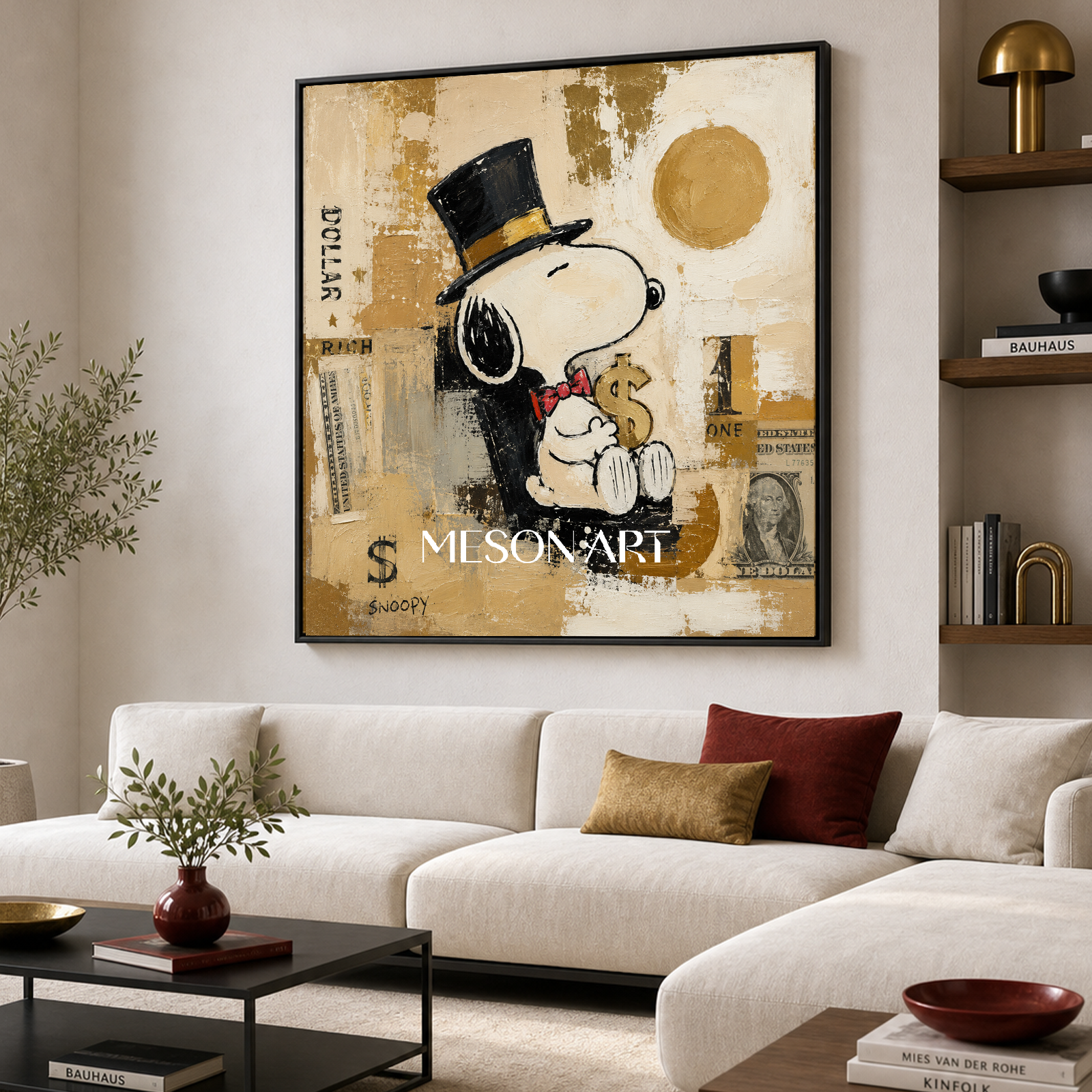 Snoopy Pop Art Painting With Gold Accents For Modern Living Room Decor