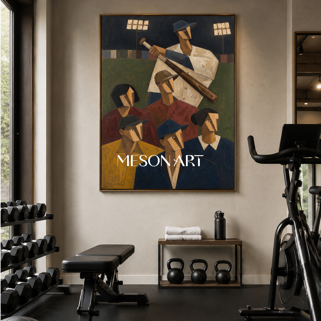 Expressionist Baseball Painting With Geometric Figures For Modern Living Room Decor