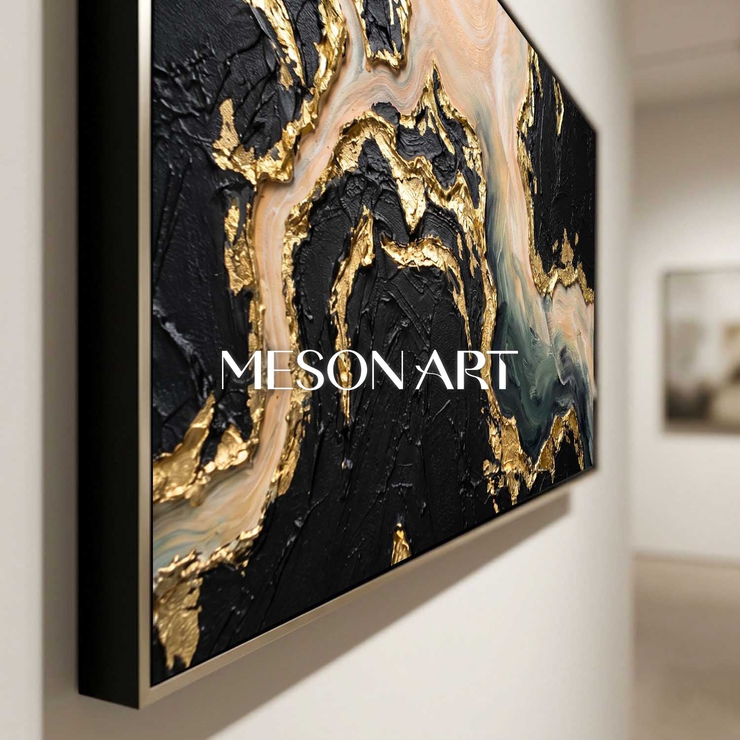 Gilded Tides Abstract Plaster Painting With Gold Leaf For Art Deco Living Room Entryway