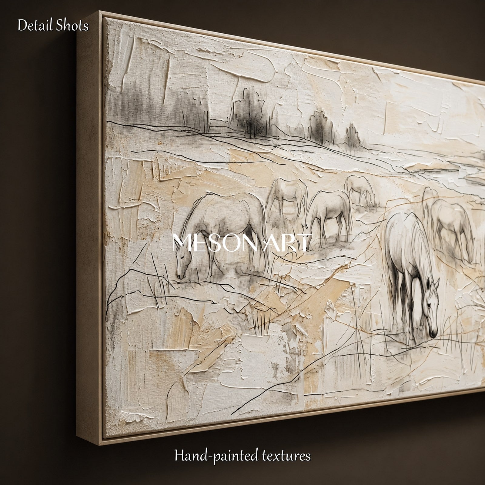 Beige And White Horses Grazing Minimalist Painting Original Artist Panoramic Wall Art For Living Room By Mesonart