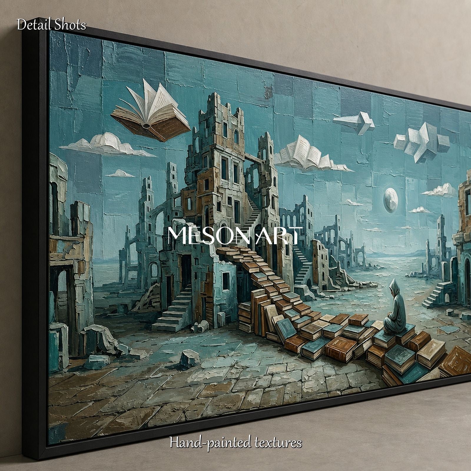Large Surreal Painting Of Ancient Ruins And Floating Books For Home Office Decor