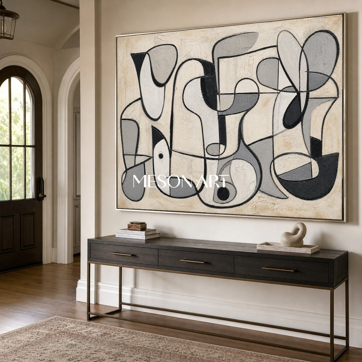 Minimalist Abstract Painting With Cubist Geometry In Beige Black Grey For Modern Home Decor
