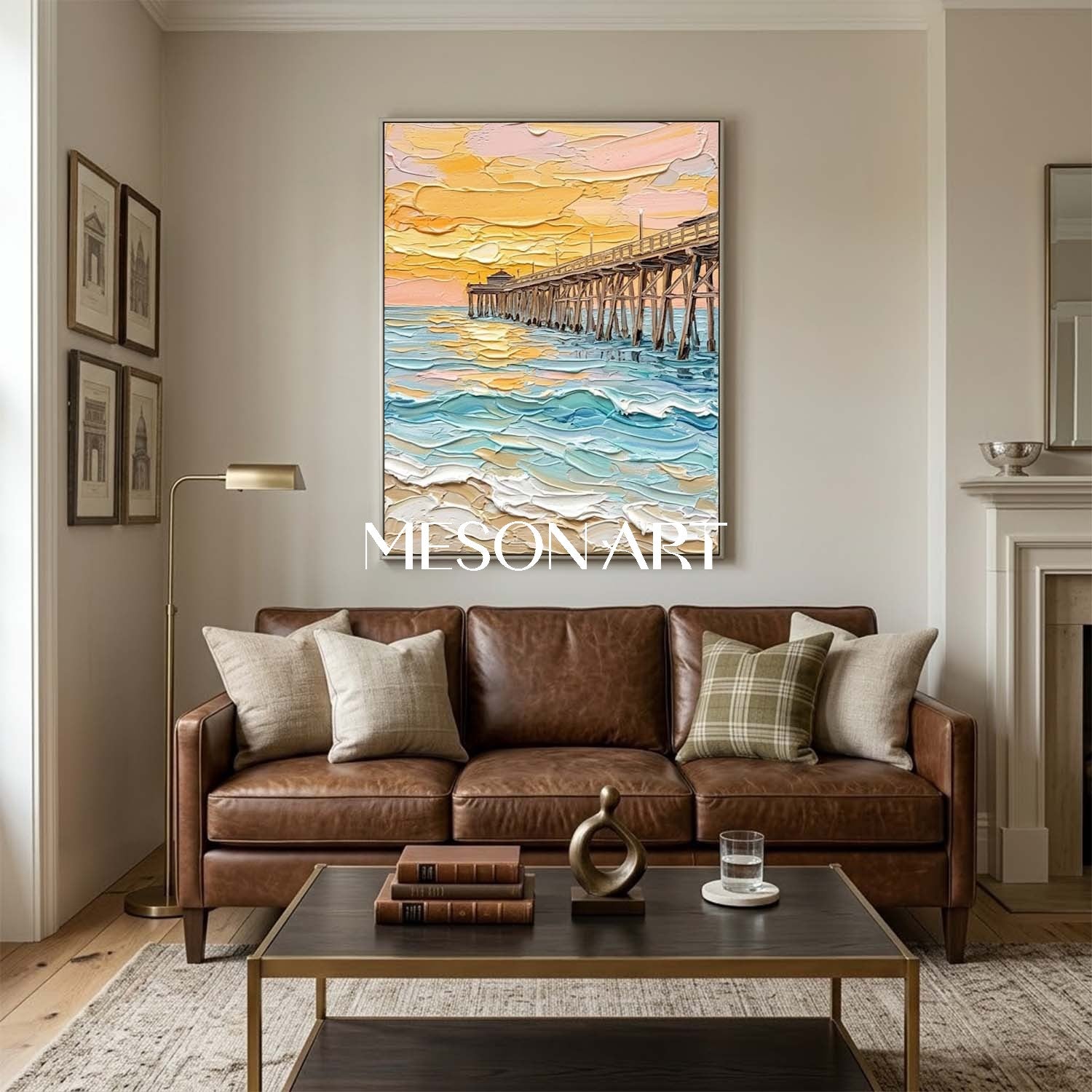 Luxury Coastal Pier Sunset Painting With Thick Impasto Waves For Living Room And Bedroom Decor